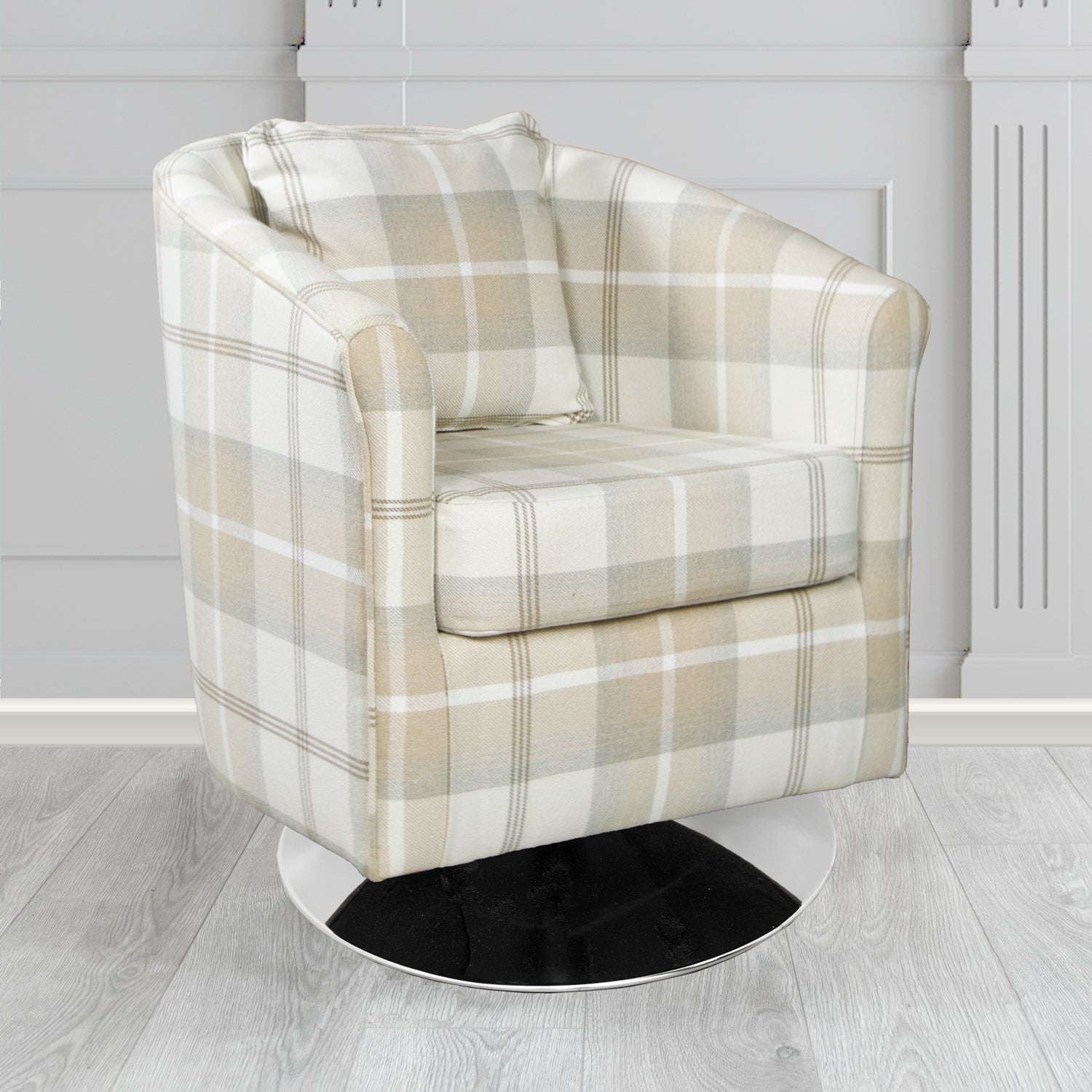 St Tropez Swivel Tub Chair in Balmoral Tartan Fabric with Scatter Cushion
