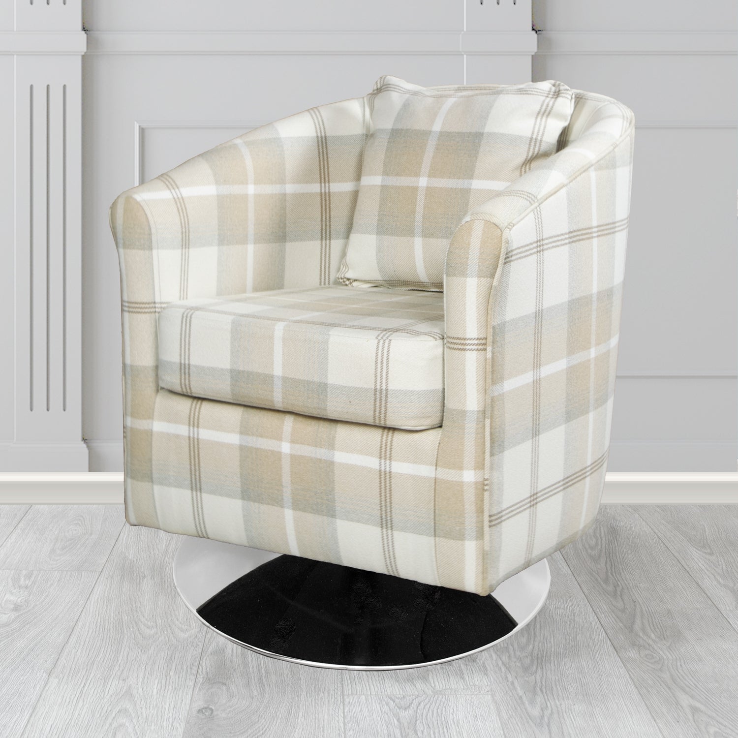 St Tropez Swivel Tub Chair in Balmoral Tartan Fabric with Scatter Cushion