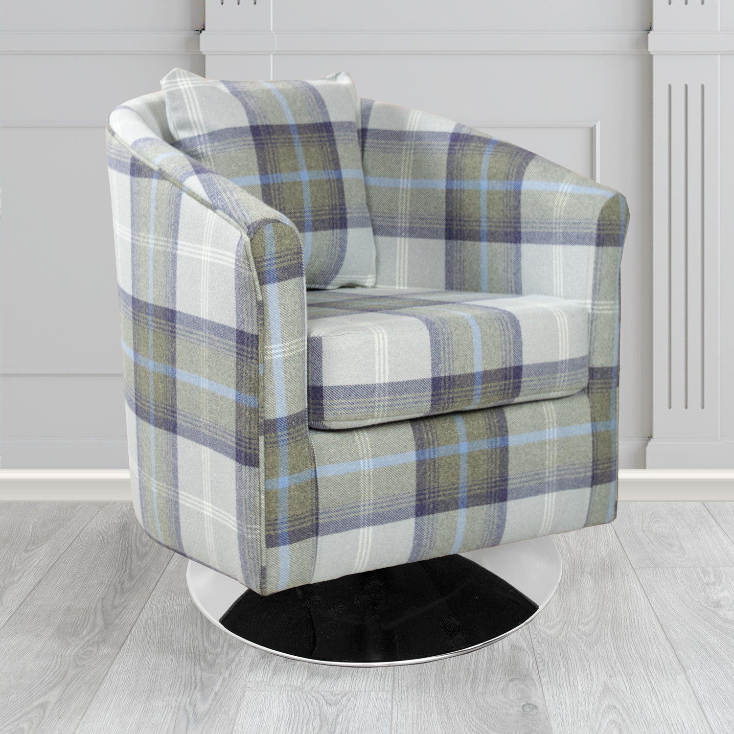 St Tropez Swivel Tub Chair in Balmoral Tartan Fabric with Scatter Cushion