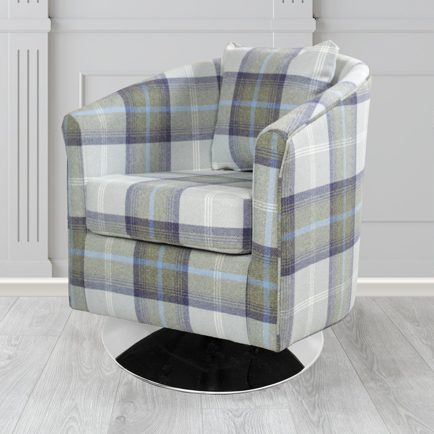St Tropez Swivel Tub Chair in Balmoral Tartan Fabric with Scatter Cushion