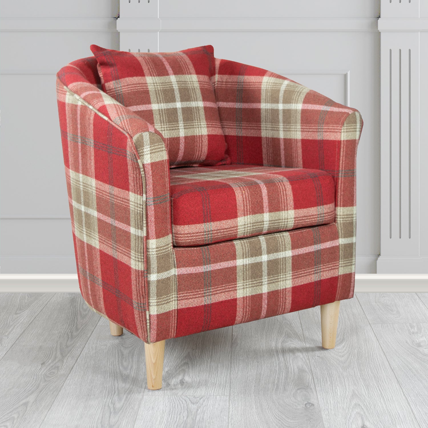 St Tropez Balmoral Red Tartan Fabric Tub Chair with Scatter Cushion - The Tub Chair Shop