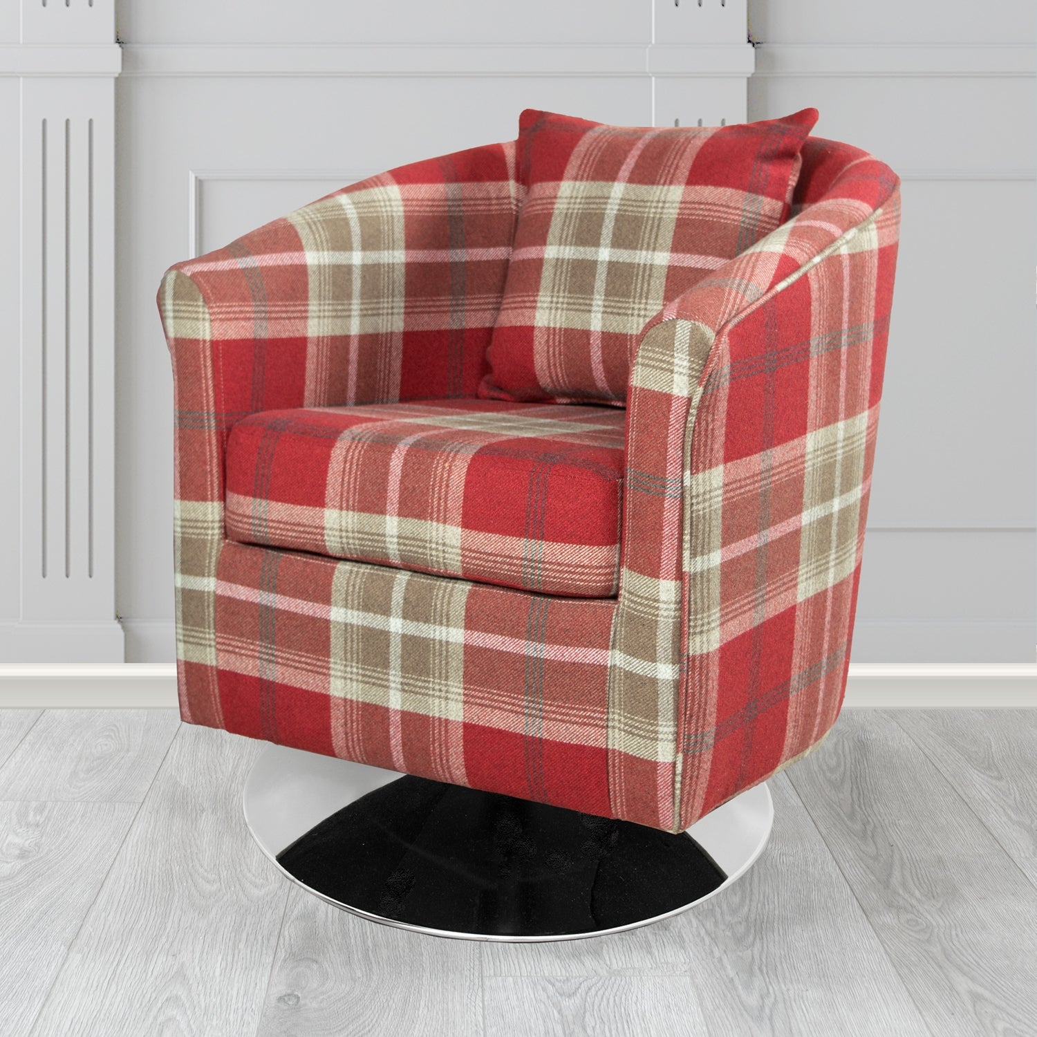 St Tropez Swivel Tub Chair in Balmoral Tartan Fabric with Scatter Cushion