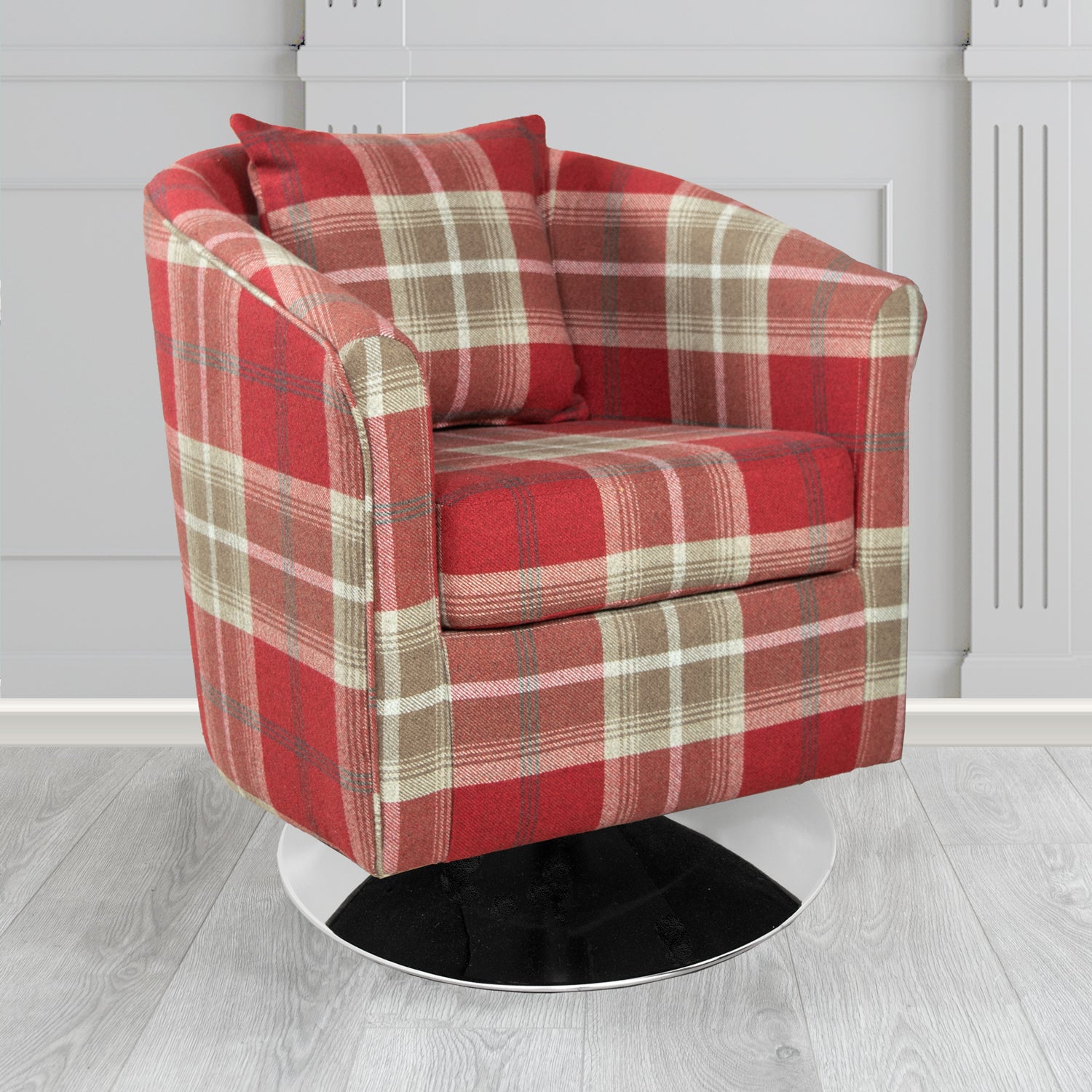 St Tropez Balmoral Red Tartan Fabric Swivel Tub Chair with Scatter Cushion - The Tub Chair Shop