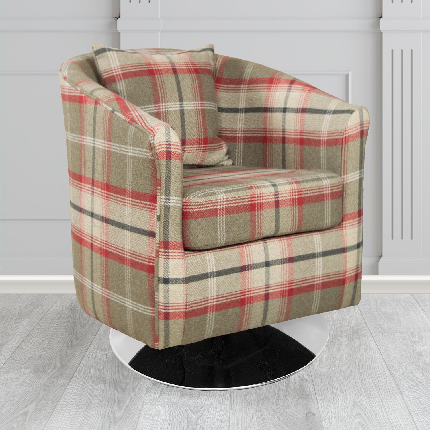 St Tropez Swivel Tub Chair in Balmoral Tartan Fabric with Scatter Cushion