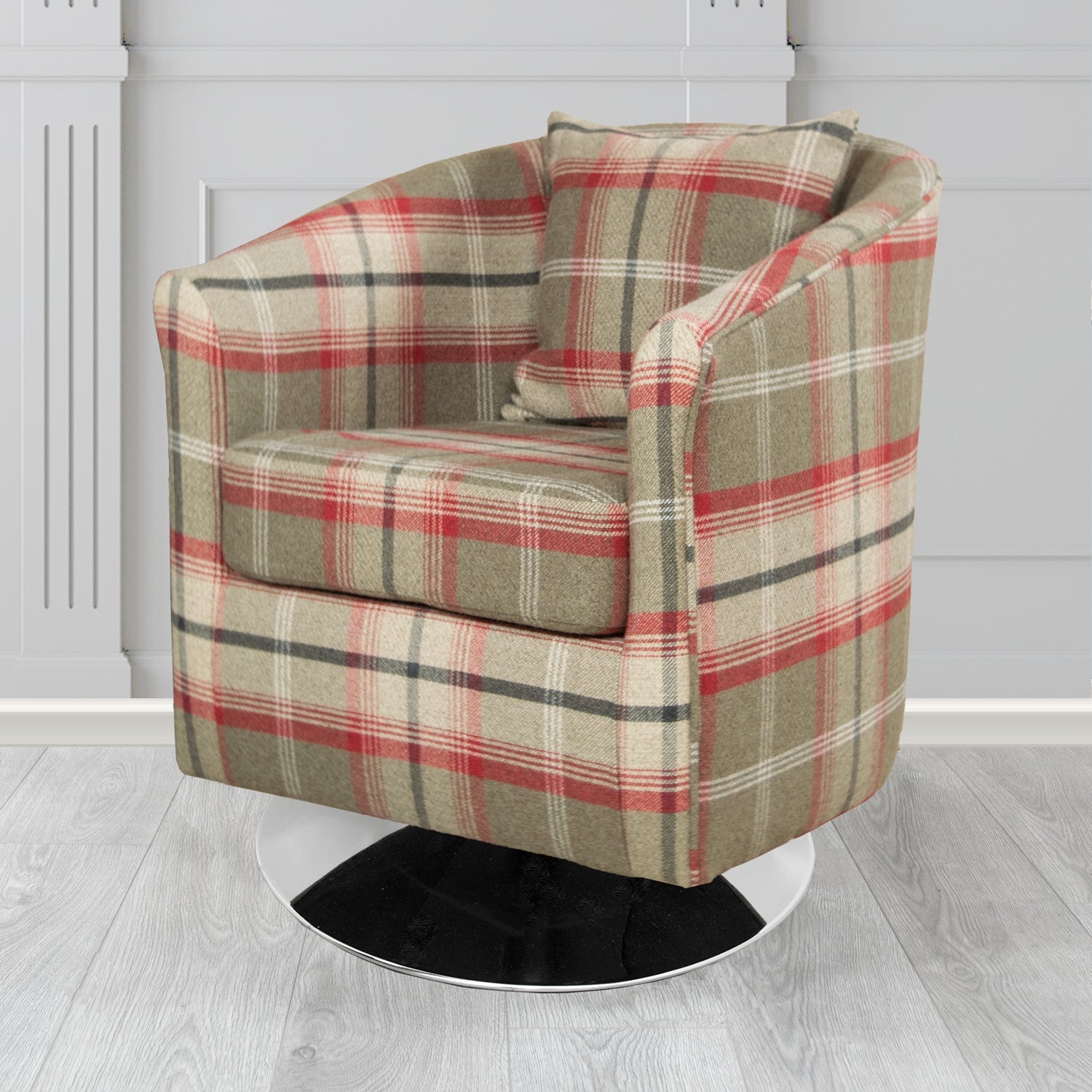 St Tropez Swivel Tub Chair in Balmoral Tartan Fabric with Scatter Cushion