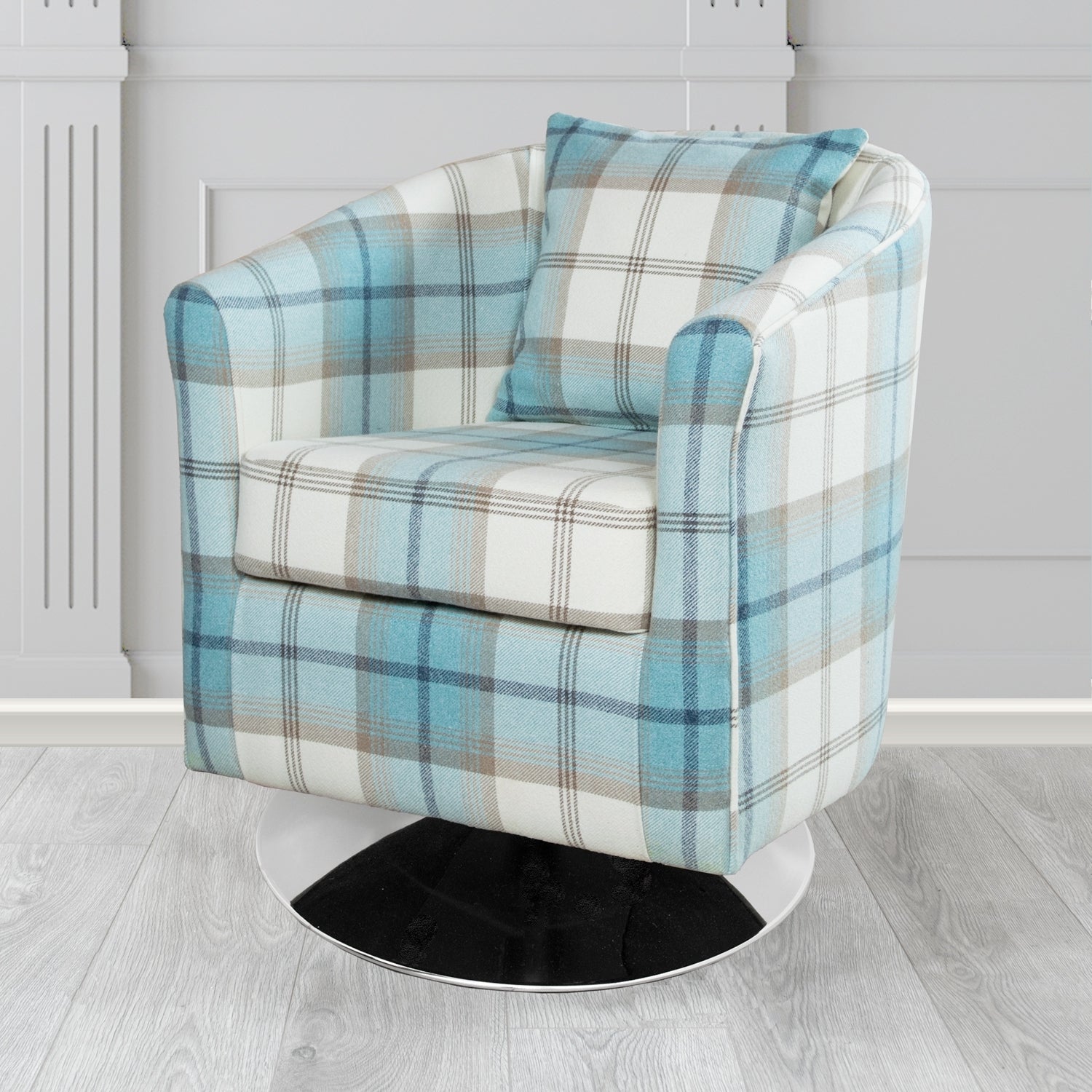 St Tropez Swivel Tub Chair in Balmoral Tartan Fabric with Scatter Cushion
