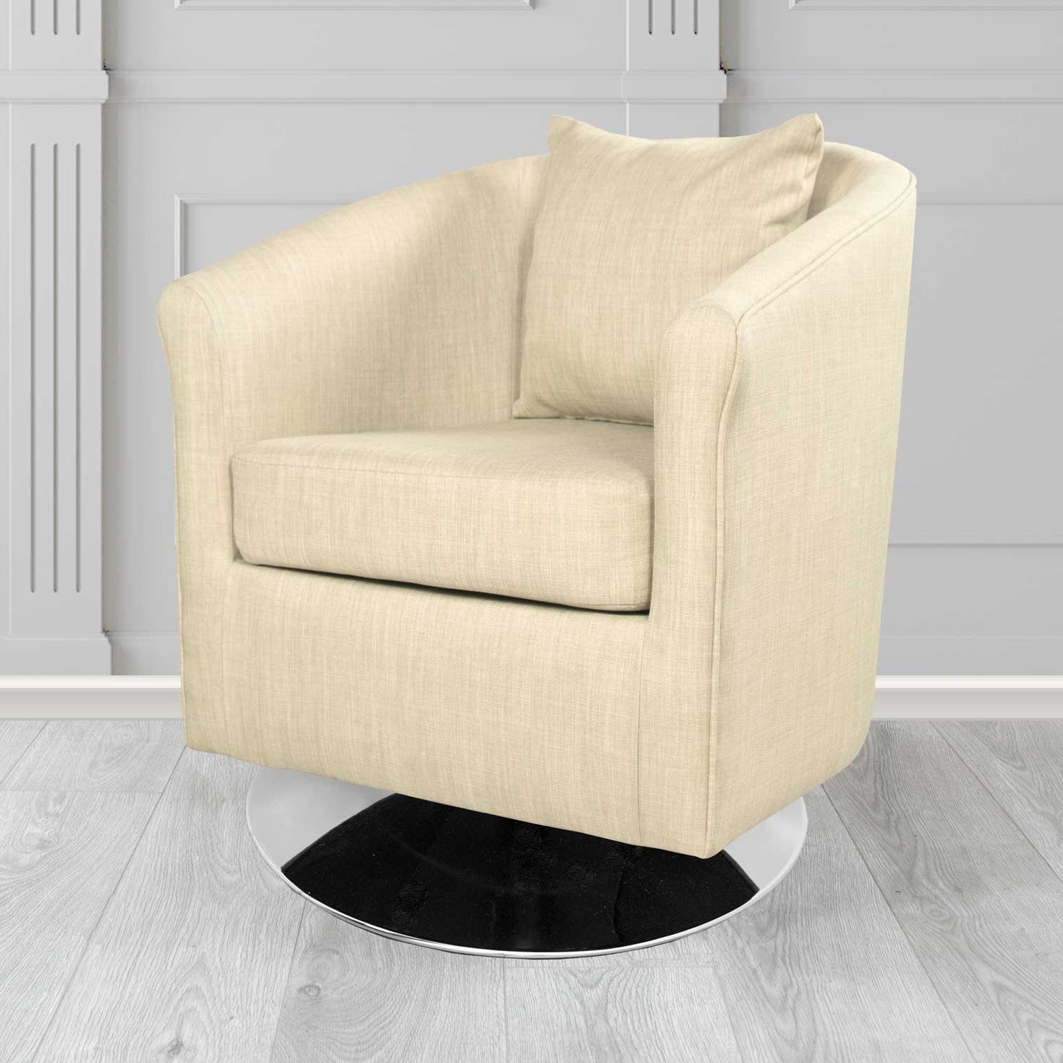 St Tropez Swivel Tub Chair in Charles Plain Linen Fabric with Scatter Cushion