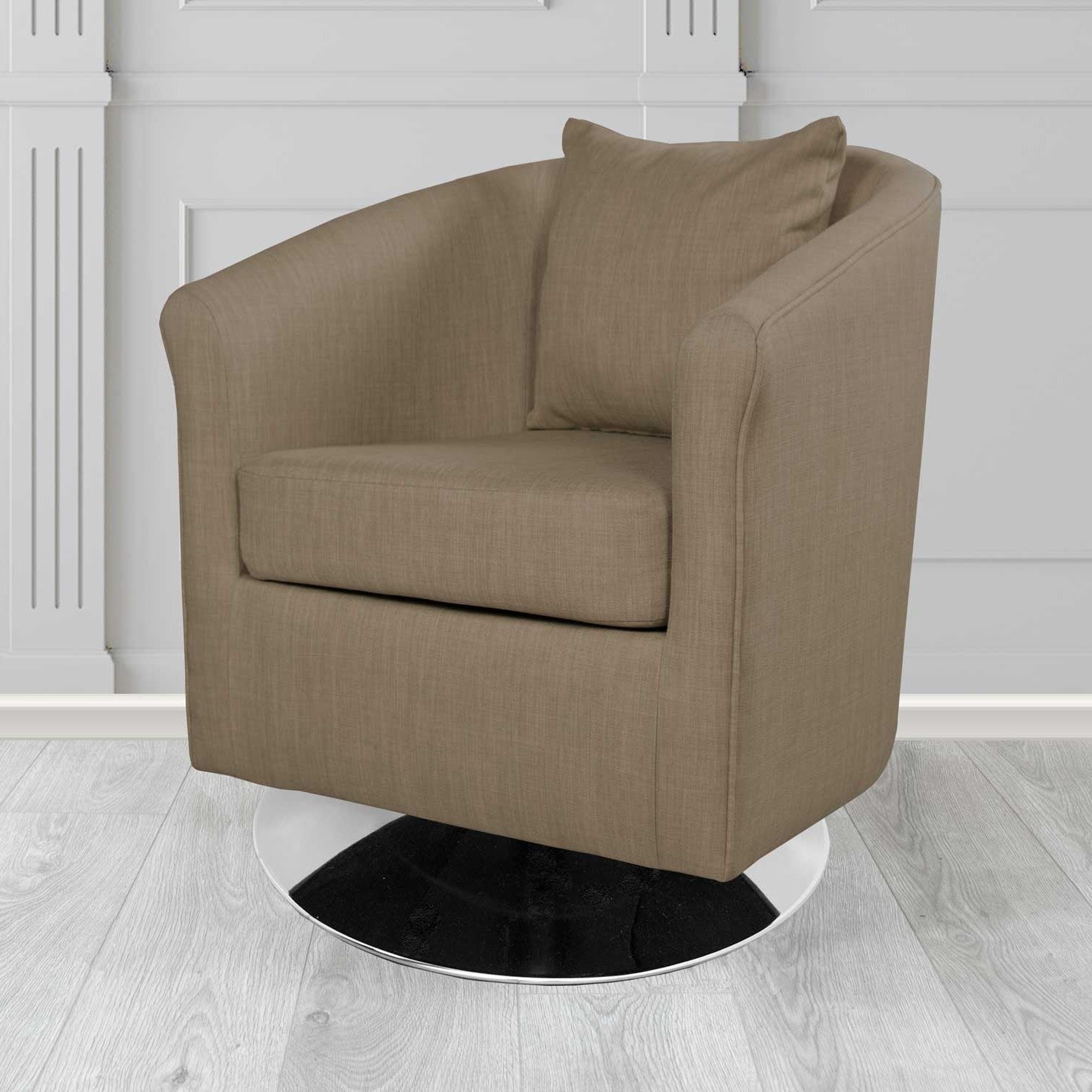St Tropez Swivel Tub Chair in Charles Plain Linen Fabric with Scatter Cushion