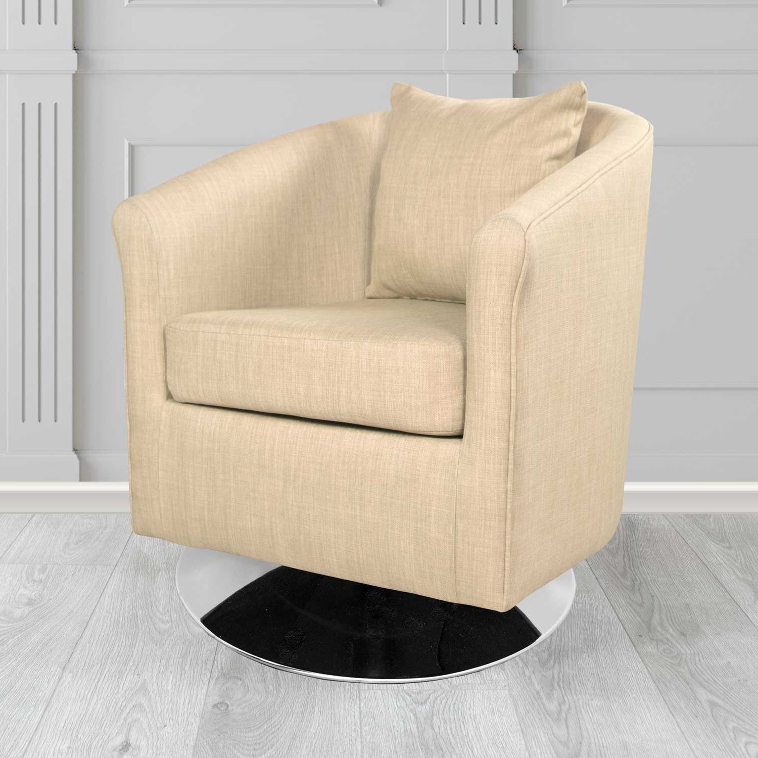 St Tropez Swivel Tub Chair in Charles Plain Linen Fabric with Scatter Cushion