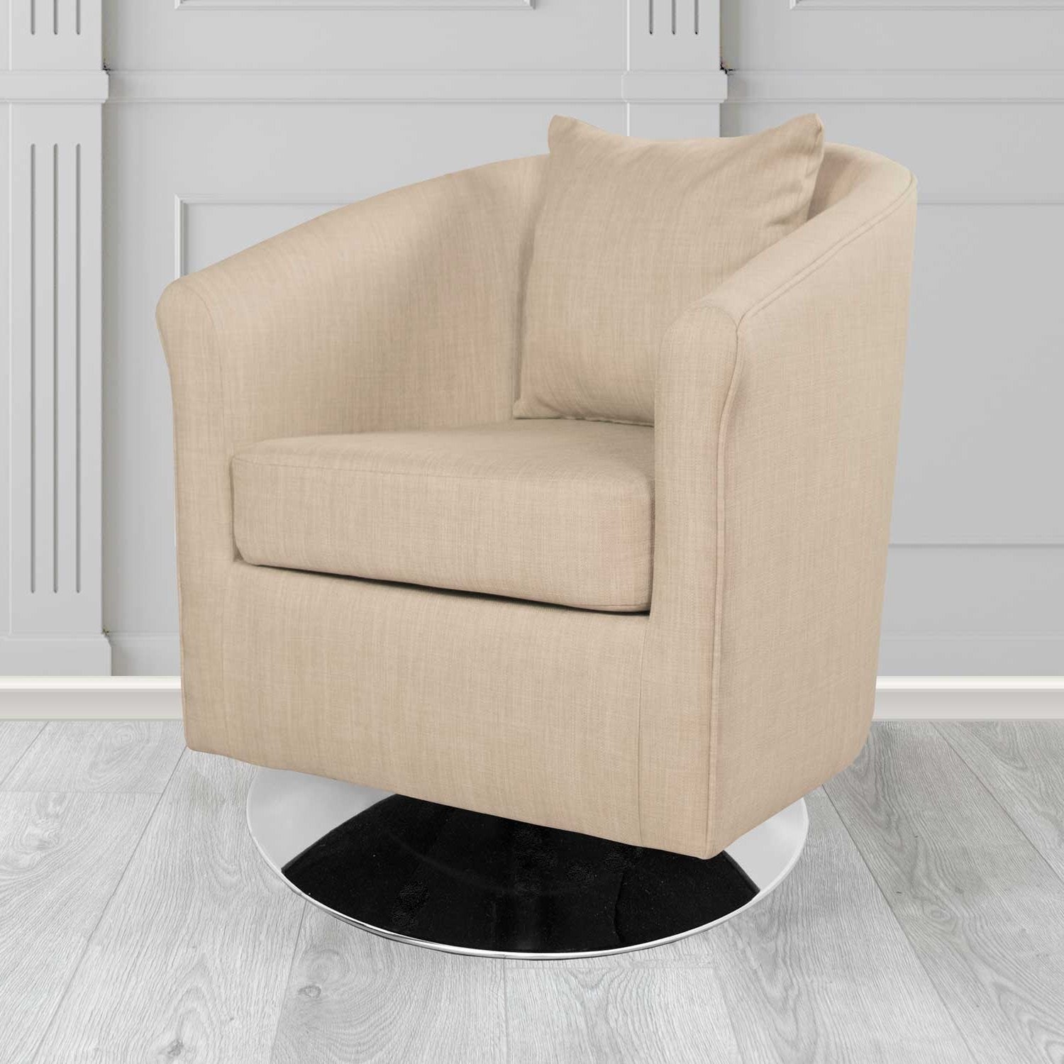 St Tropez Swivel Tub Chair in Charles Plain Linen Fabric with Scatter Cushion