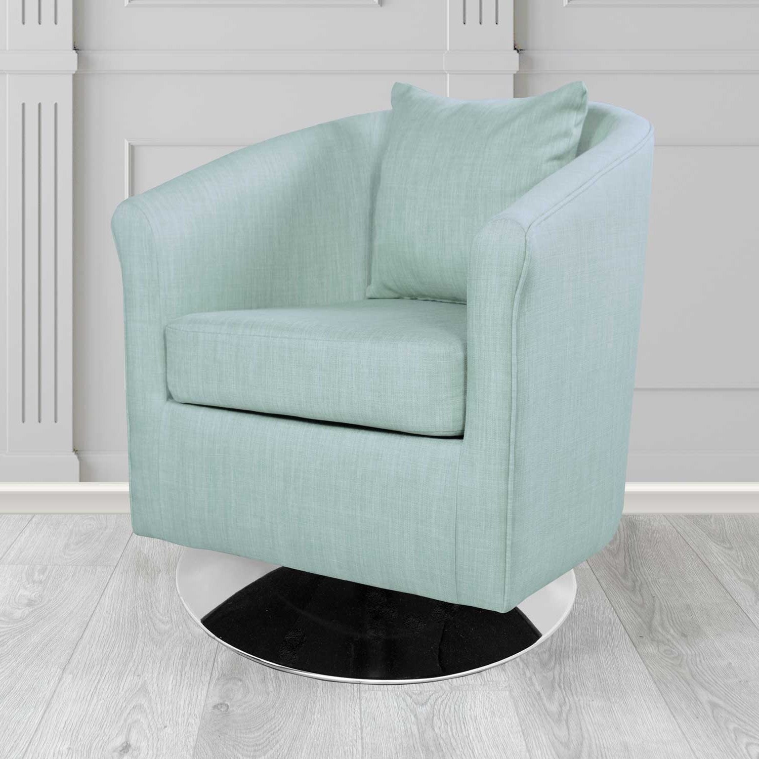 St Tropez Swivel Tub Chair in Charles Plain Linen Fabric with Scatter Cushion