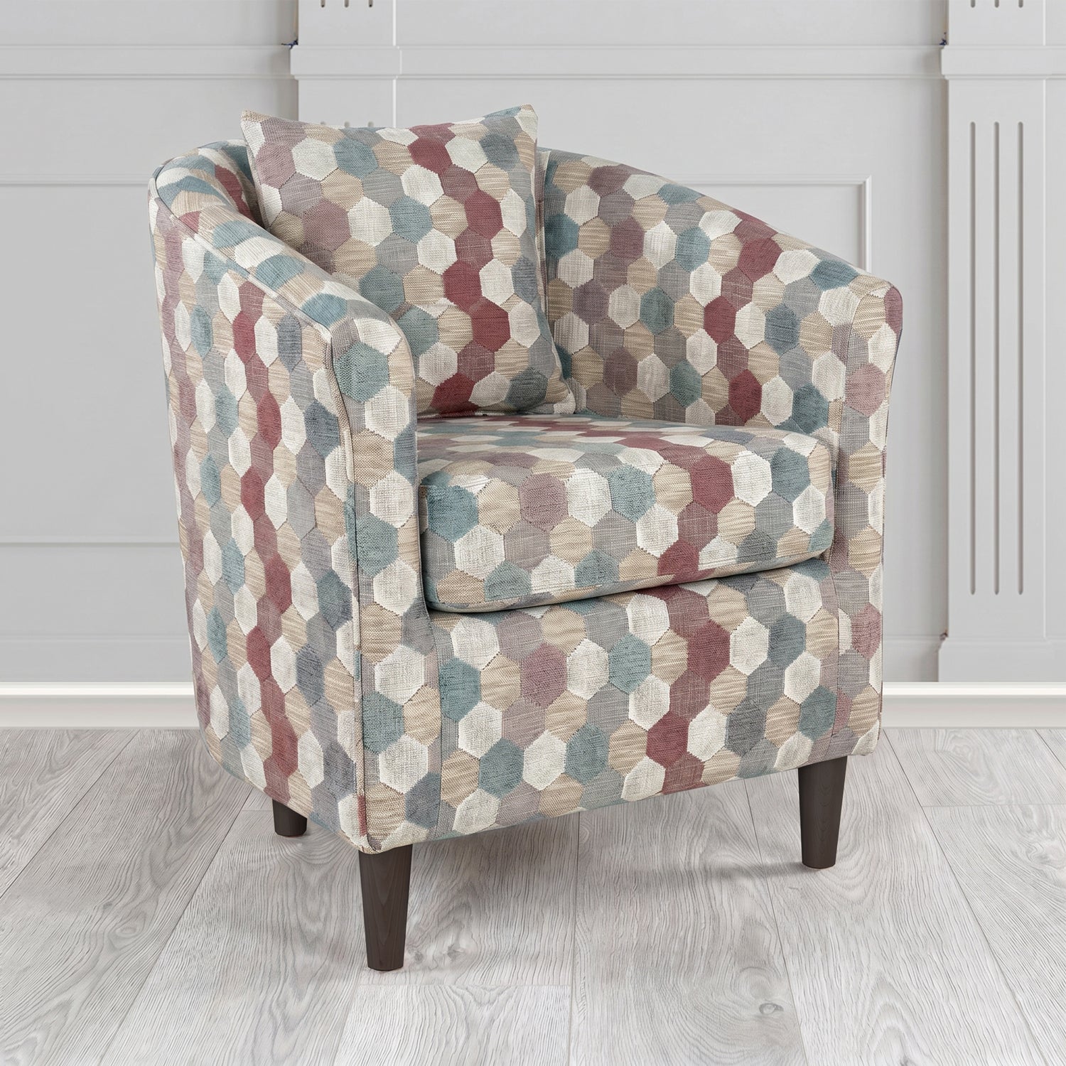 St Tropez Tub Chair in Cristina Marrone Extravaganza Honeycomb Velvet Pattern Fabric with Scatter Cushion