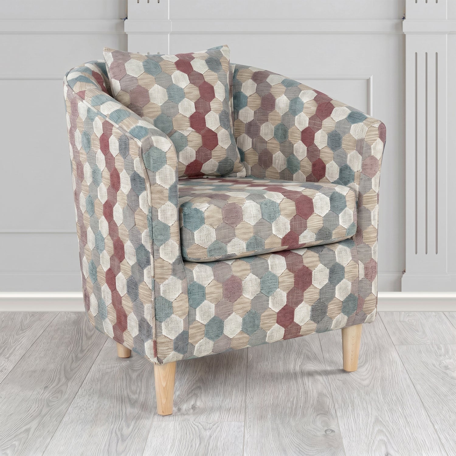 St Tropez Tub Chair in Cristina Marrone Extravaganza Honeycomb Velvet Pattern Fabric with Scatter Cushion