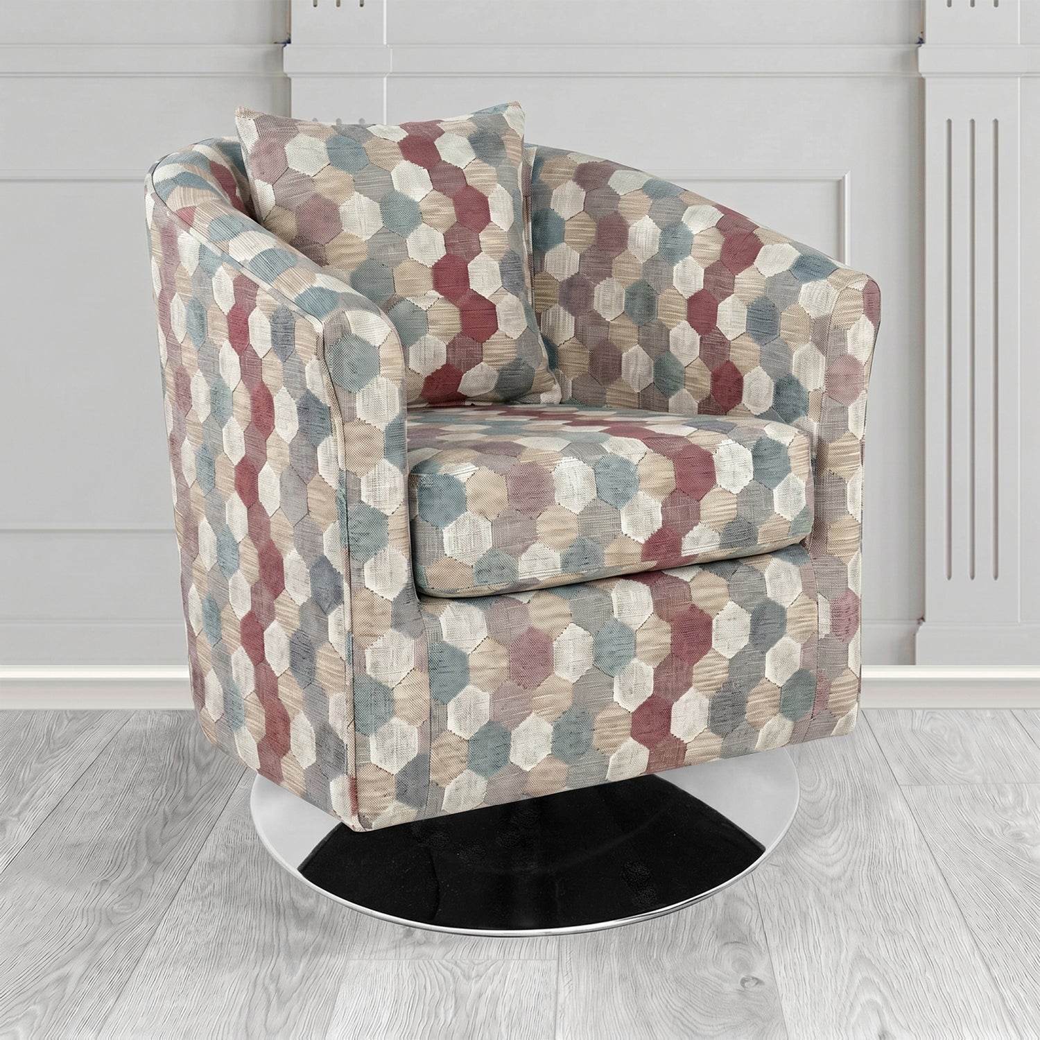 St Tropez Swivel Tub Chair in Cristina Marrone Extravaganza Honeycomb Velvet Pattern Fabric with Scatter Cushion