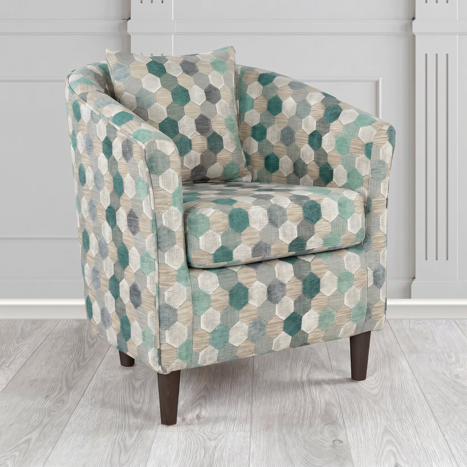 St Tropez Tub Chair in Cristina Marrone Extravaganza Honeycomb Velvet Pattern Fabric with Scatter Cushion