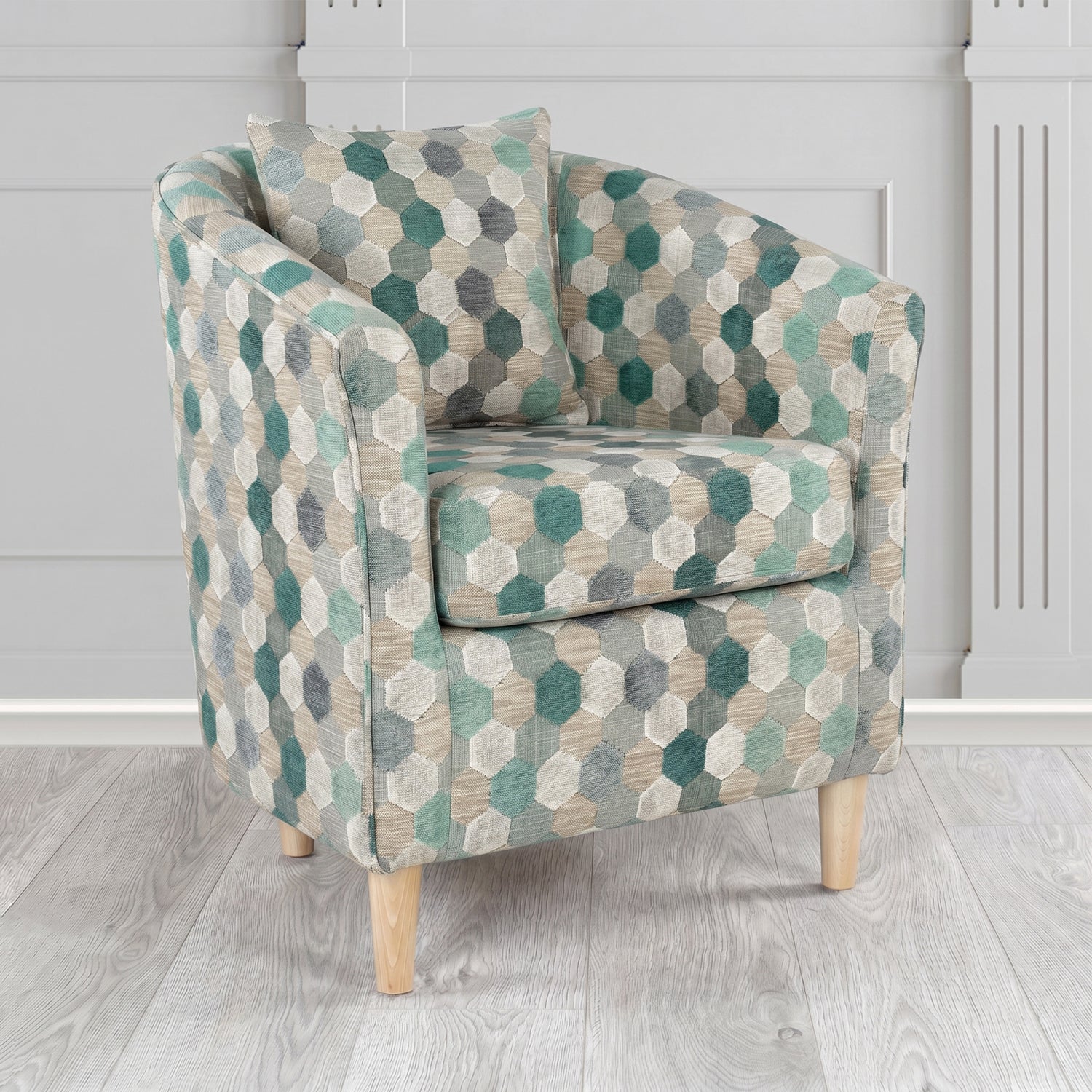 St Tropez Tub Chair in Cristina Marrone Extravaganza Honeycomb Velvet Pattern Fabric with Scatter Cushion