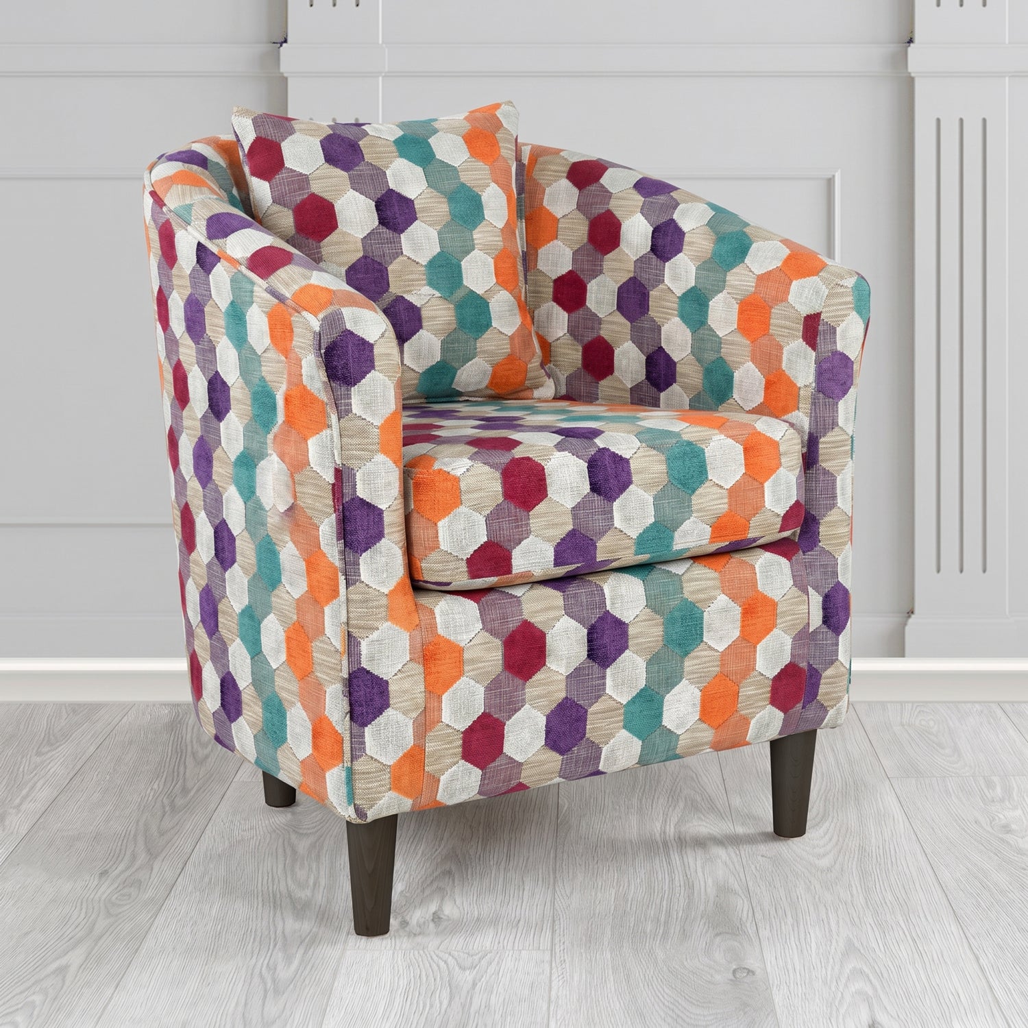 St Tropez Tub Chair in Cristina Marrone Extravaganza Honeycomb Velvet Pattern Fabric with Scatter Cushion