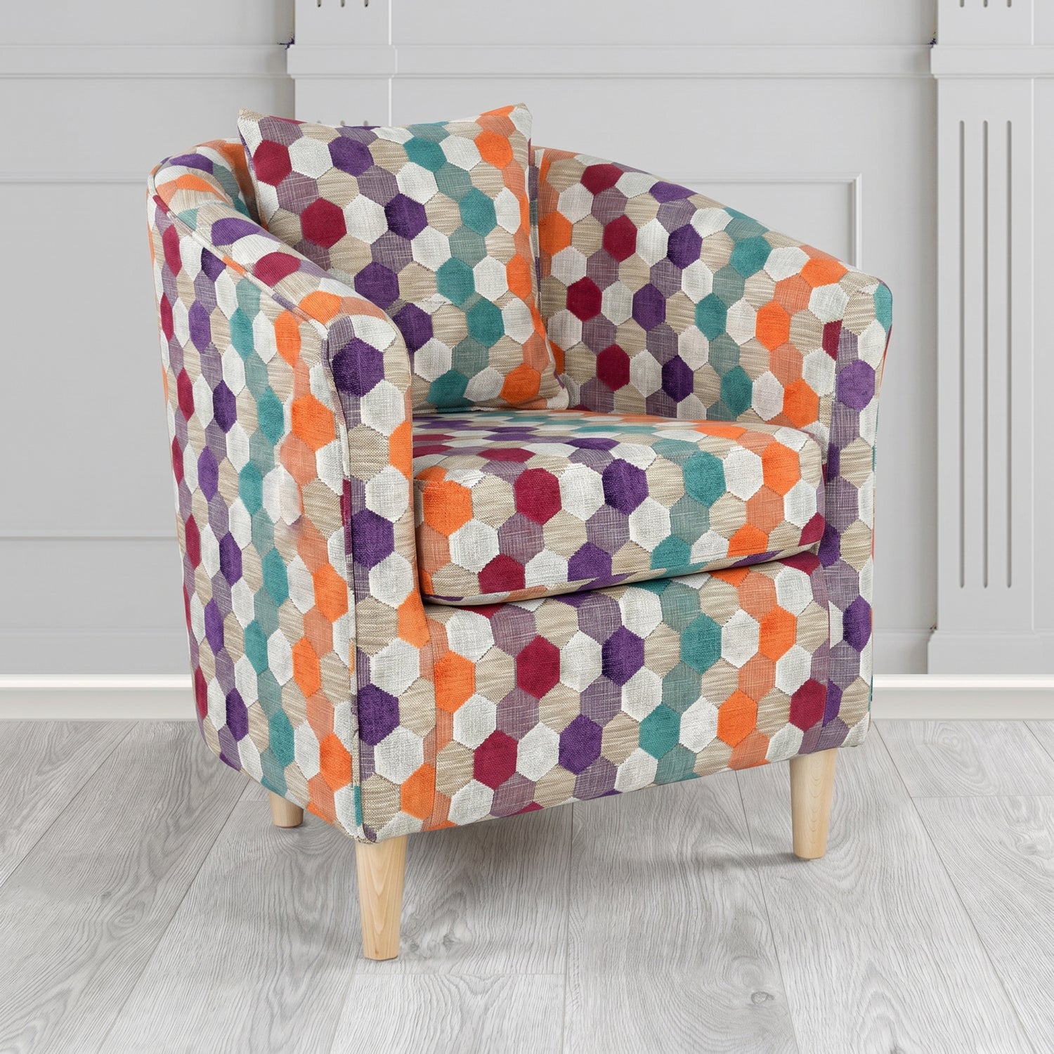St Tropez Tub Chair in Cristina Marrone Extravaganza Honeycomb Velvet Pattern Fabric with Scatter Cushion