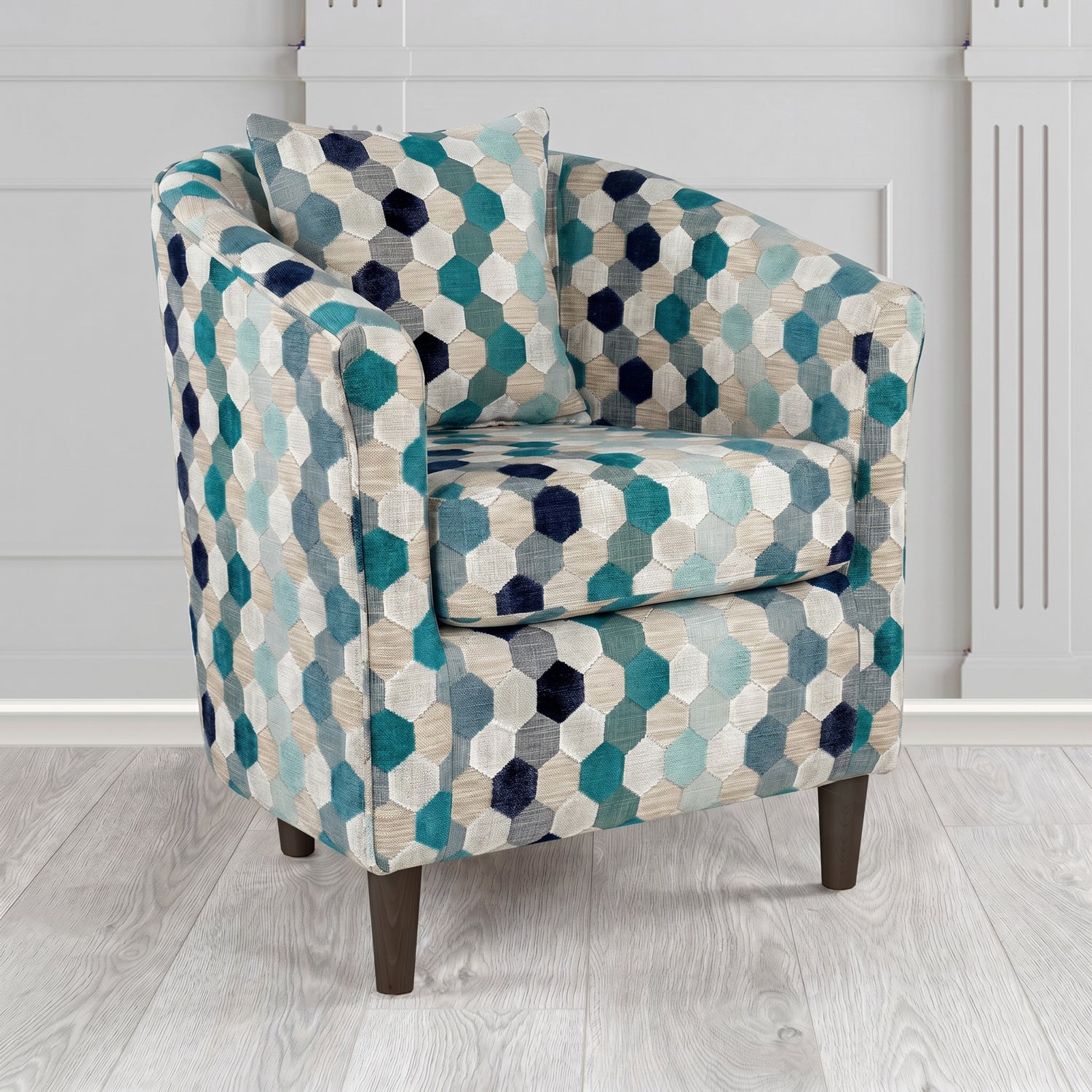 St Tropez Tub Chair in Cristina Marrone Extravaganza Honeycomb Velvet Pattern Fabric with Scatter Cushion