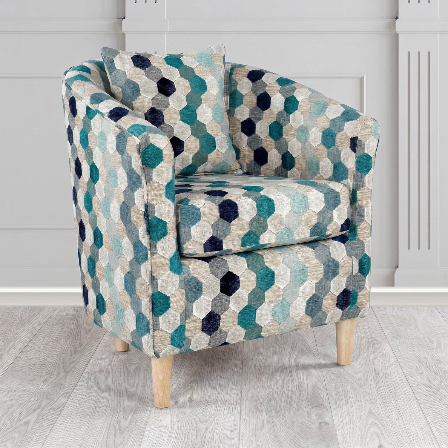 St Tropez Tub Chair in Cristina Marrone Extravaganza Honeycomb Velvet Pattern Fabric with Scatter Cushion