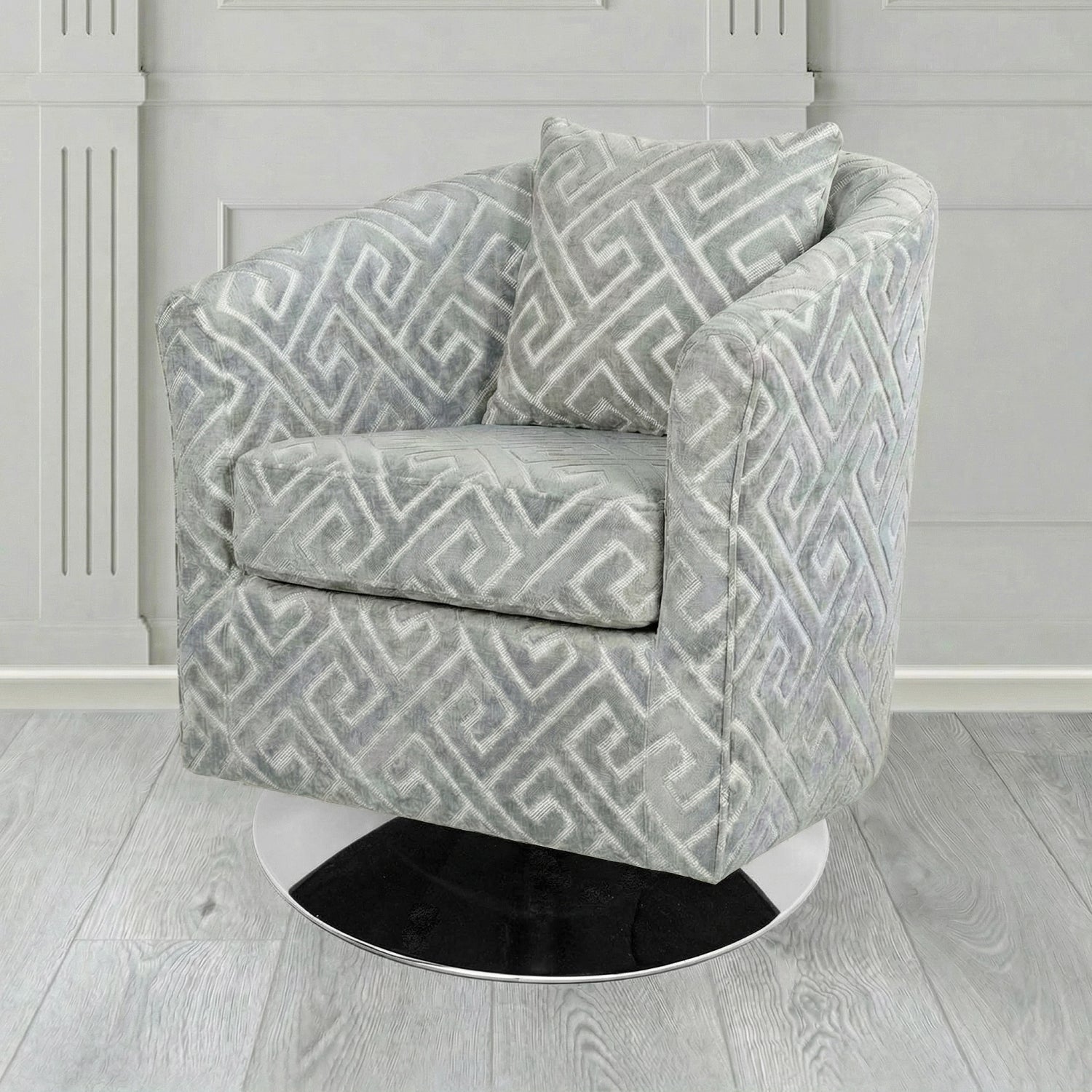 St Tropez Swivel Tub Chair in Cristina Marrone Extravaganza Greek Key Geometric Fabric with Scatter Cushion