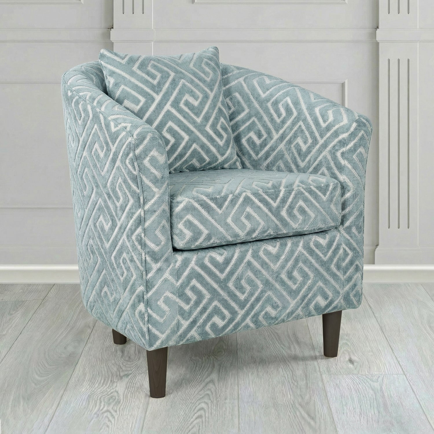 St Tropez Tub Chair in Cristina Marrone Extravaganza Greek Key Geometric Fabric with Scatter Cushion