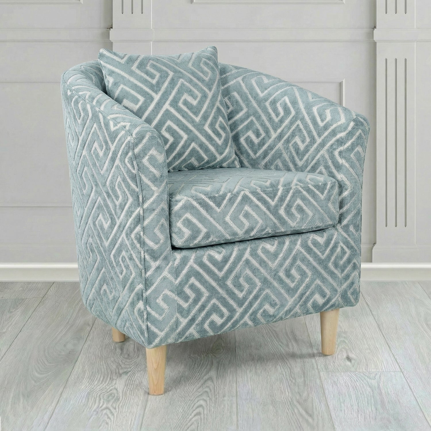 St Tropez Tub Chair in Cristina Marrone Extravaganza Greek Key Geometric Fabric with Scatter Cushion
