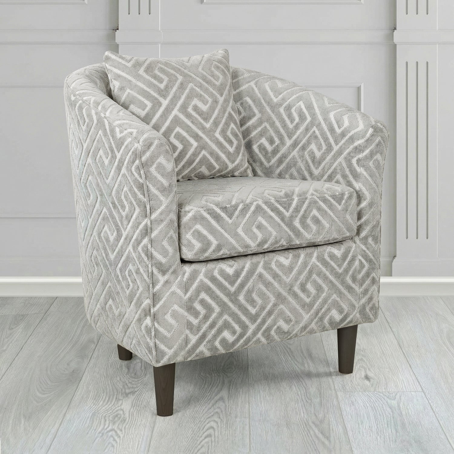 St Tropez Tub Chair in Cristina Marrone Extravaganza Greek Key Geometric Fabric with Scatter Cushion