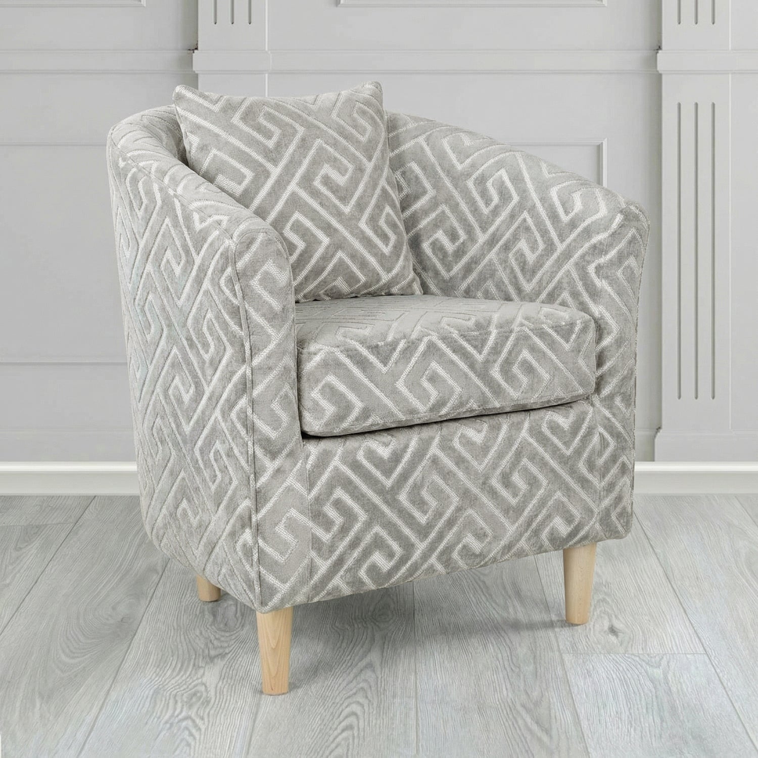 St Tropez Tub Chair in Cristina Marrone Extravaganza Greek Key Geometric Fabric with Scatter Cushion