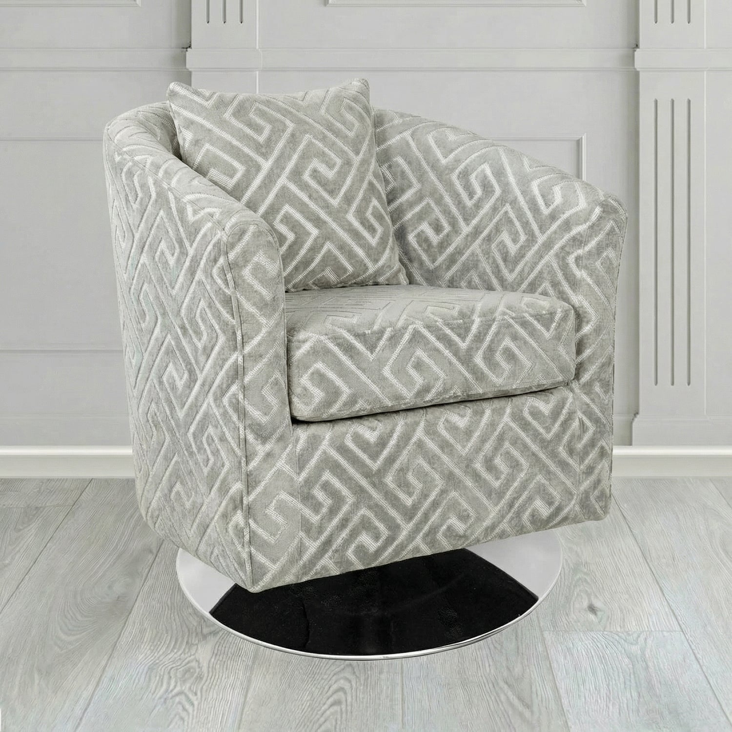 St Tropez Swivel Tub Chair in Cristina Marrone Extravaganza Greek Key Geometric Fabric with Scatter Cushion