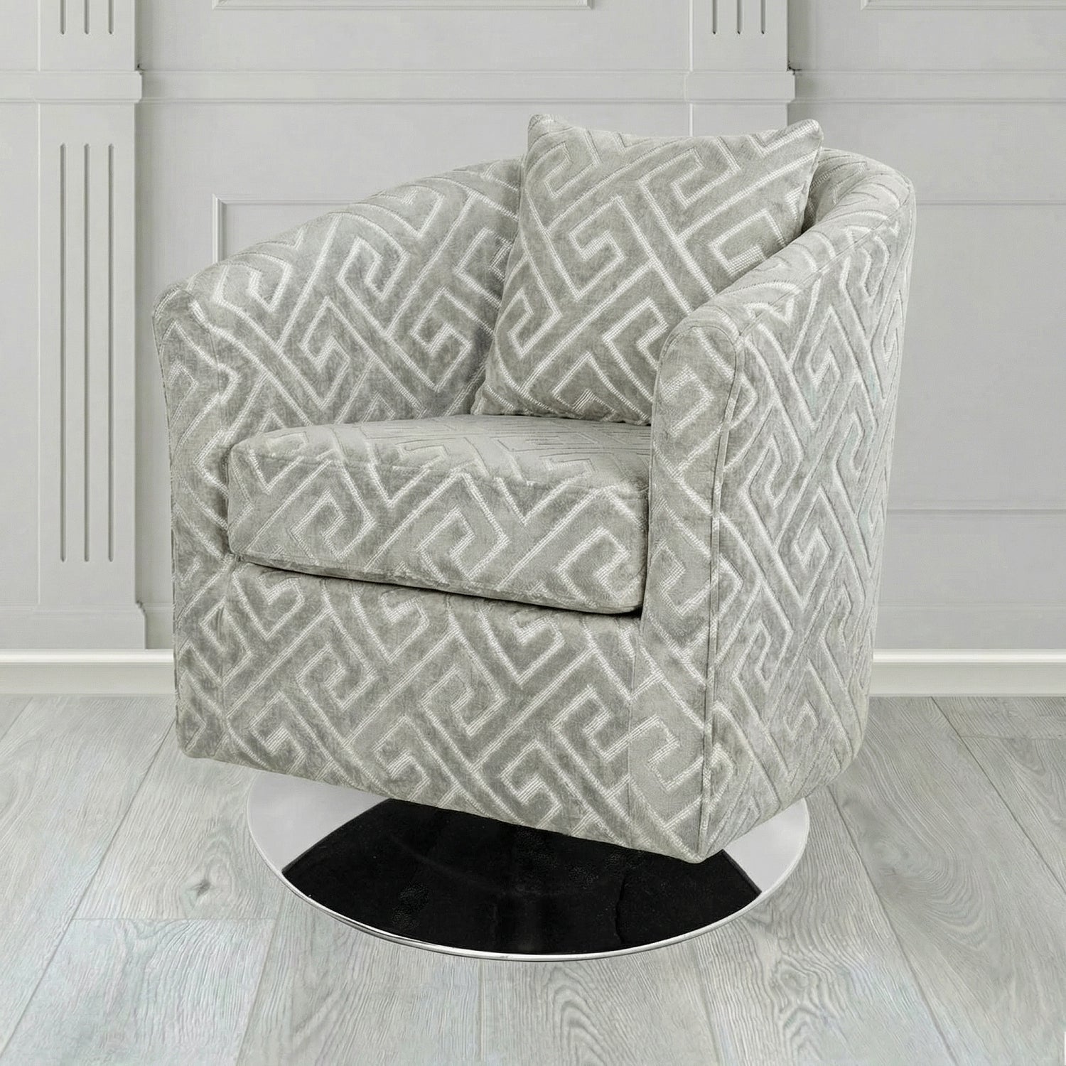 St Tropez Swivel Tub Chair in Cristina Marrone Extravaganza Greek Key Geometric Fabric with Scatter Cushion