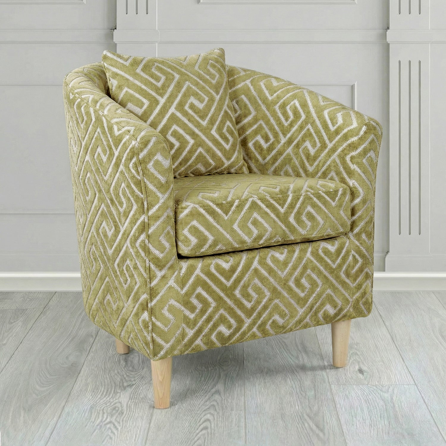 St Tropez Tub Chair in Cristina Marrone Extravaganza Greek Key Geometric Fabric with Scatter Cushion