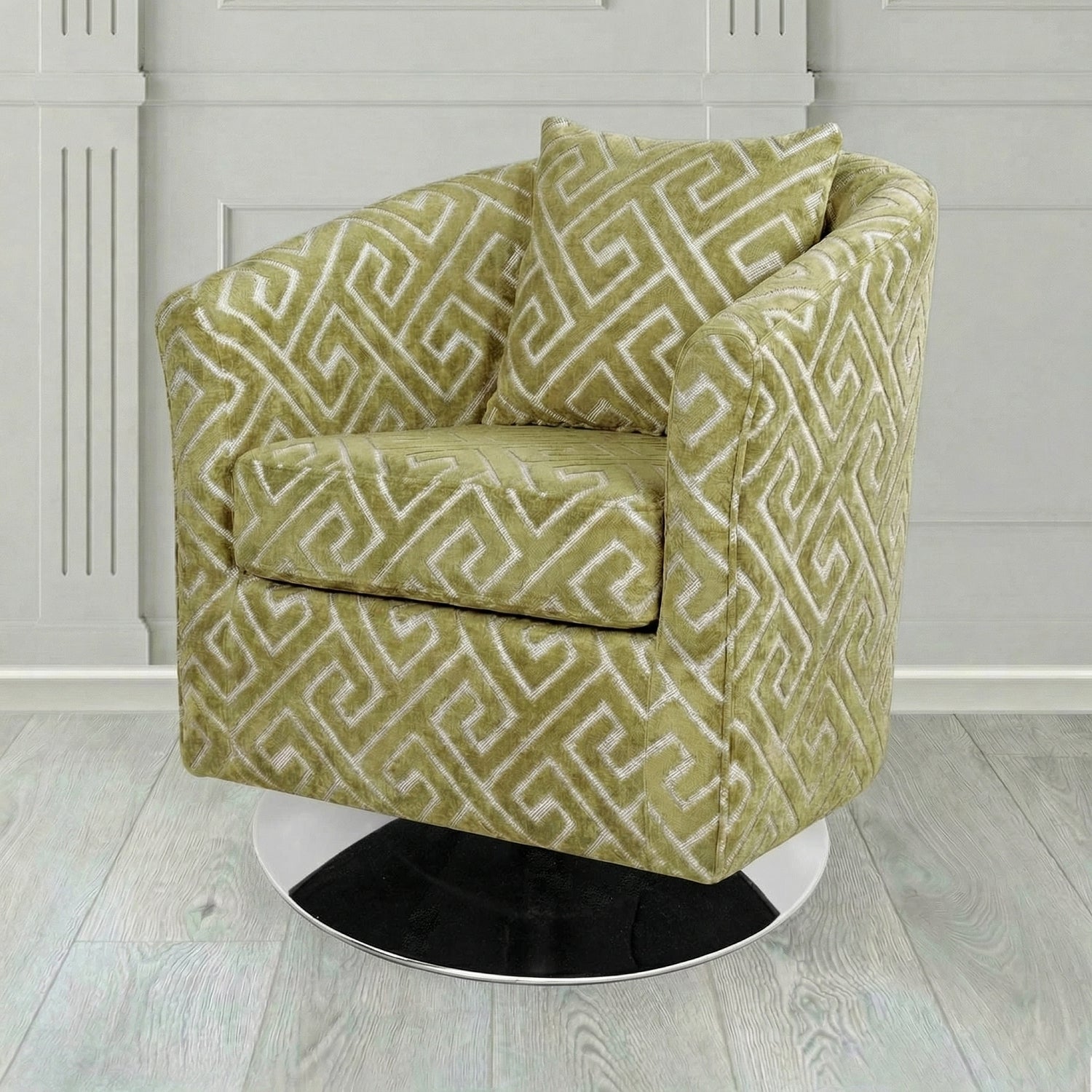 St Tropez Swivel Tub Chair in Cristina Marrone Extravaganza Greek Key Geometric Fabric with Scatter Cushion