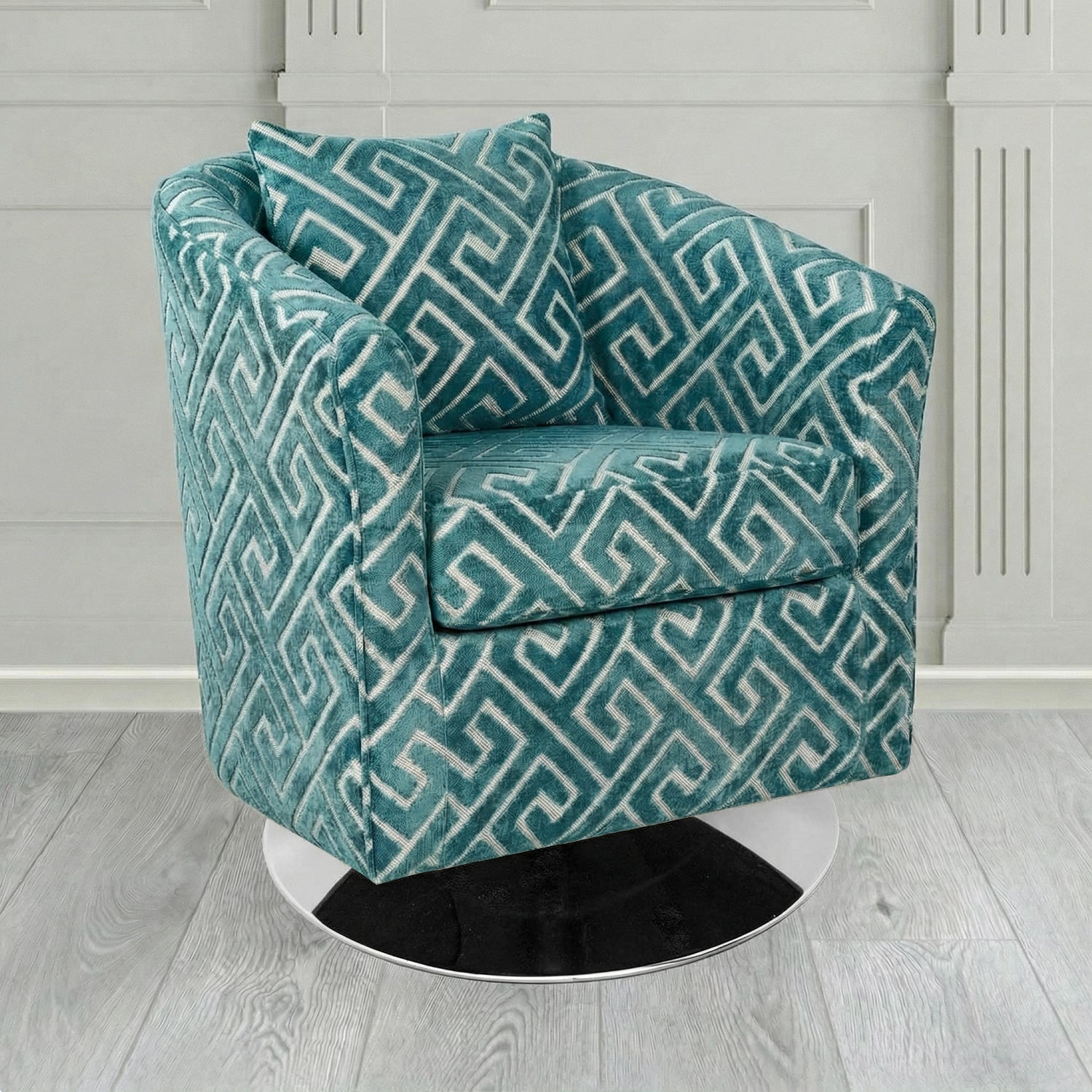 St Tropez Swivel Tub Chair in Cristina Marrone Extravaganza Greek Key Geometric Fabric with Scatter Cushion