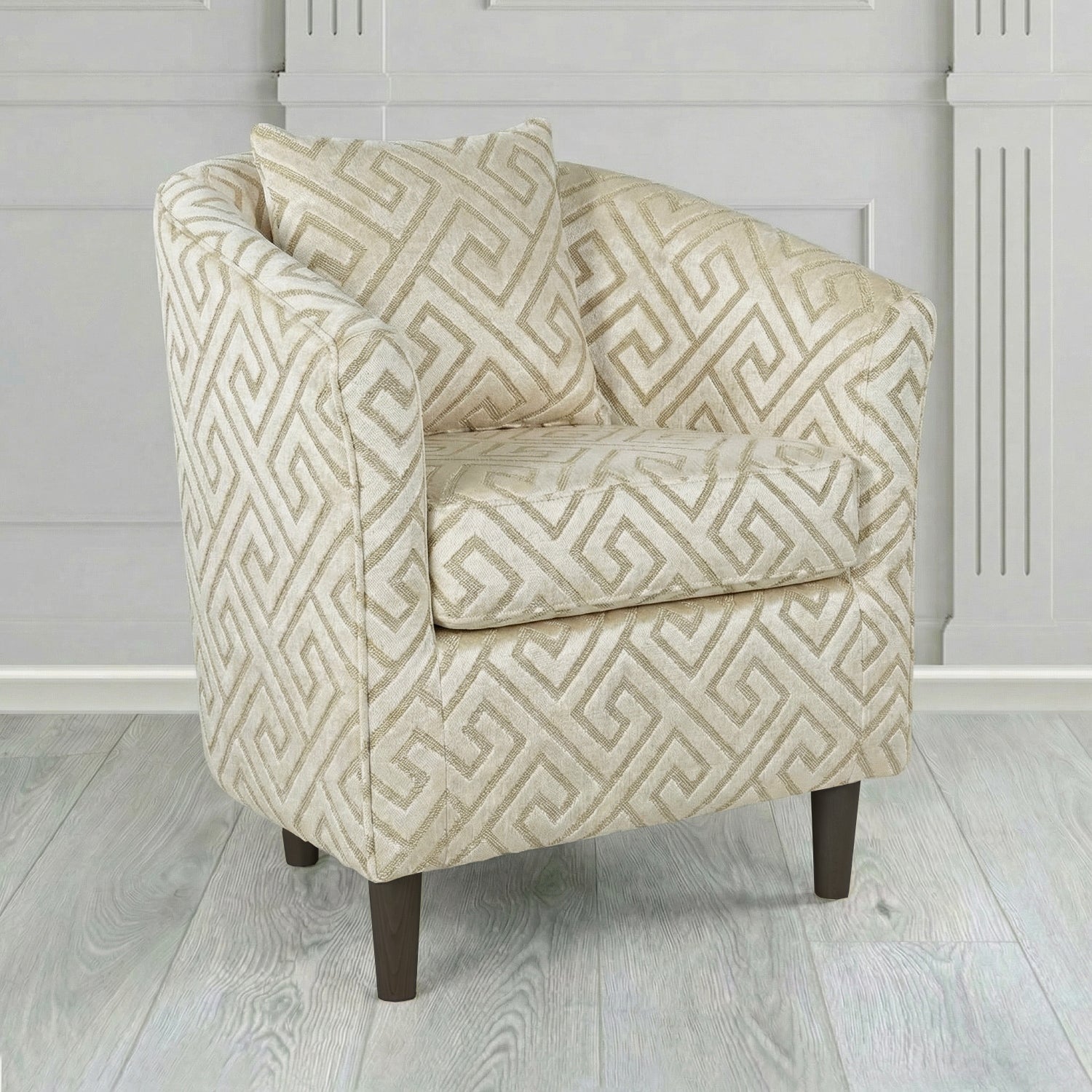 St Tropez Tub Chair in Cristina Marrone Extravaganza Greek Key Geometric Fabric with Scatter Cushion