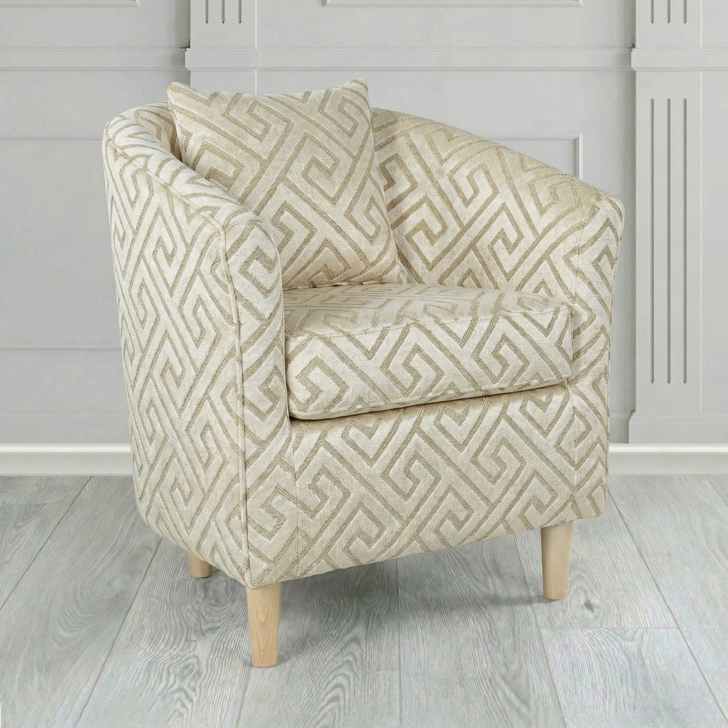 St Tropez Tub Chair in Cristina Marrone Extravaganza Greek Key Geometric Fabric with Scatter Cushion