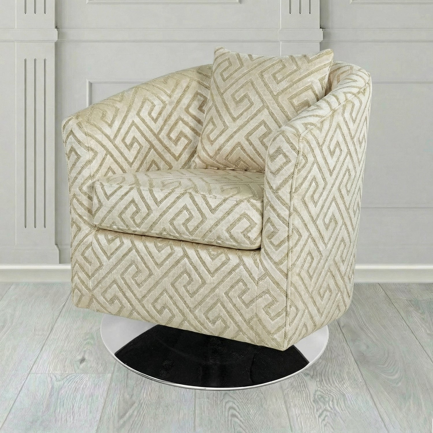 St Tropez Swivel Tub Chair in Cristina Marrone Extravaganza Greek Key Geometric Fabric with Scatter Cushion