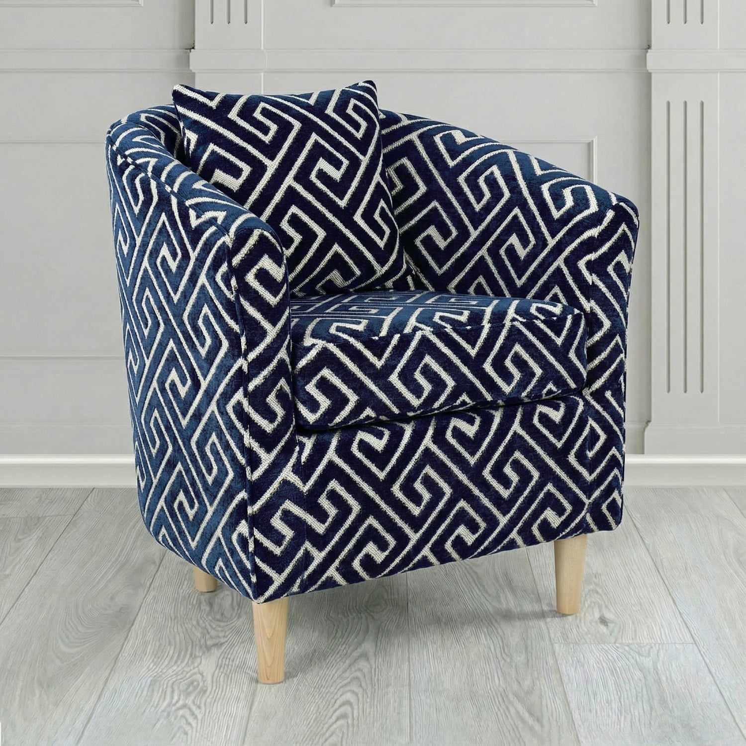 St Tropez Tub Chair in Cristina Marrone Extravaganza Greek Key Geometric Fabric with Scatter Cushion