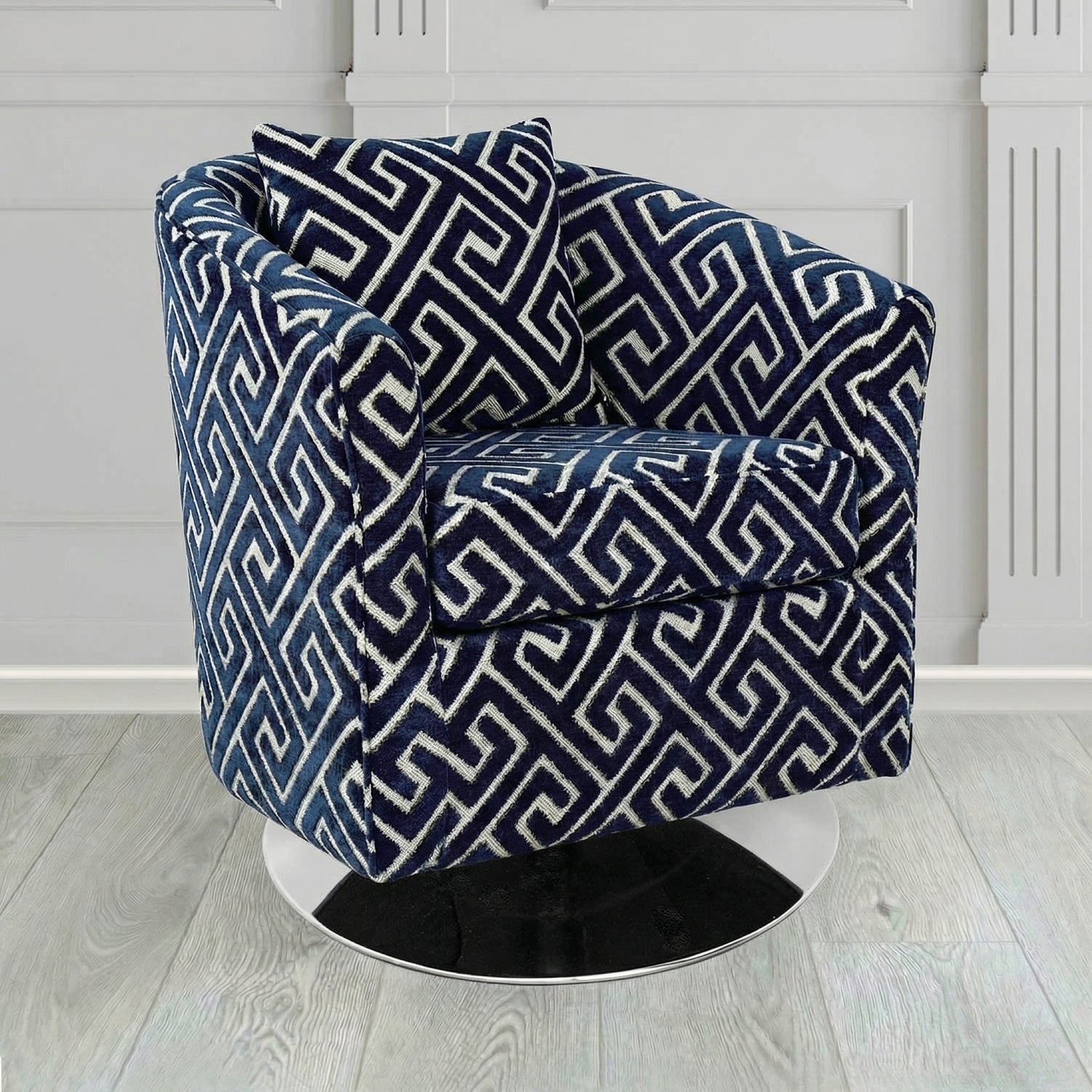 St Tropez Swivel Tub Chair in Cristina Marrone Extravaganza Greek Key Geometric Fabric with Scatter Cushion