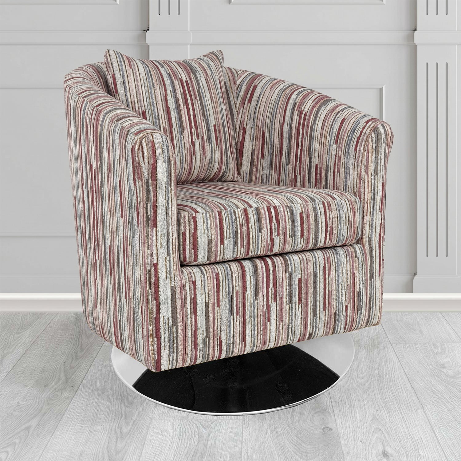 St Tropez Swivel Tub Chair in Cristina Marrone Extravaganza Stripe Fabric with Scatter Cushion