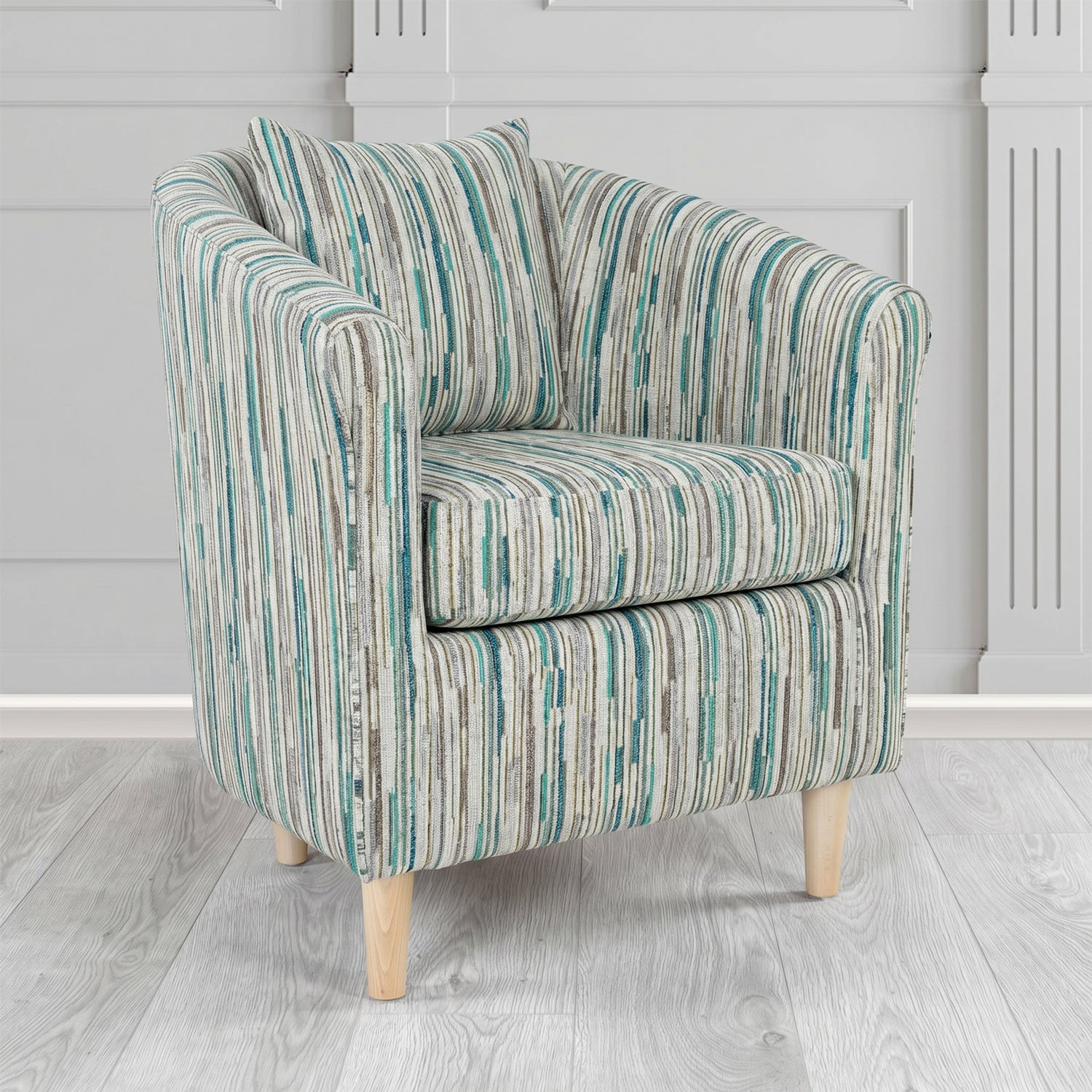 St Tropez Tub Chair in Cristina Marrone Extravaganza Stripe Fabric with Scatter Cushion