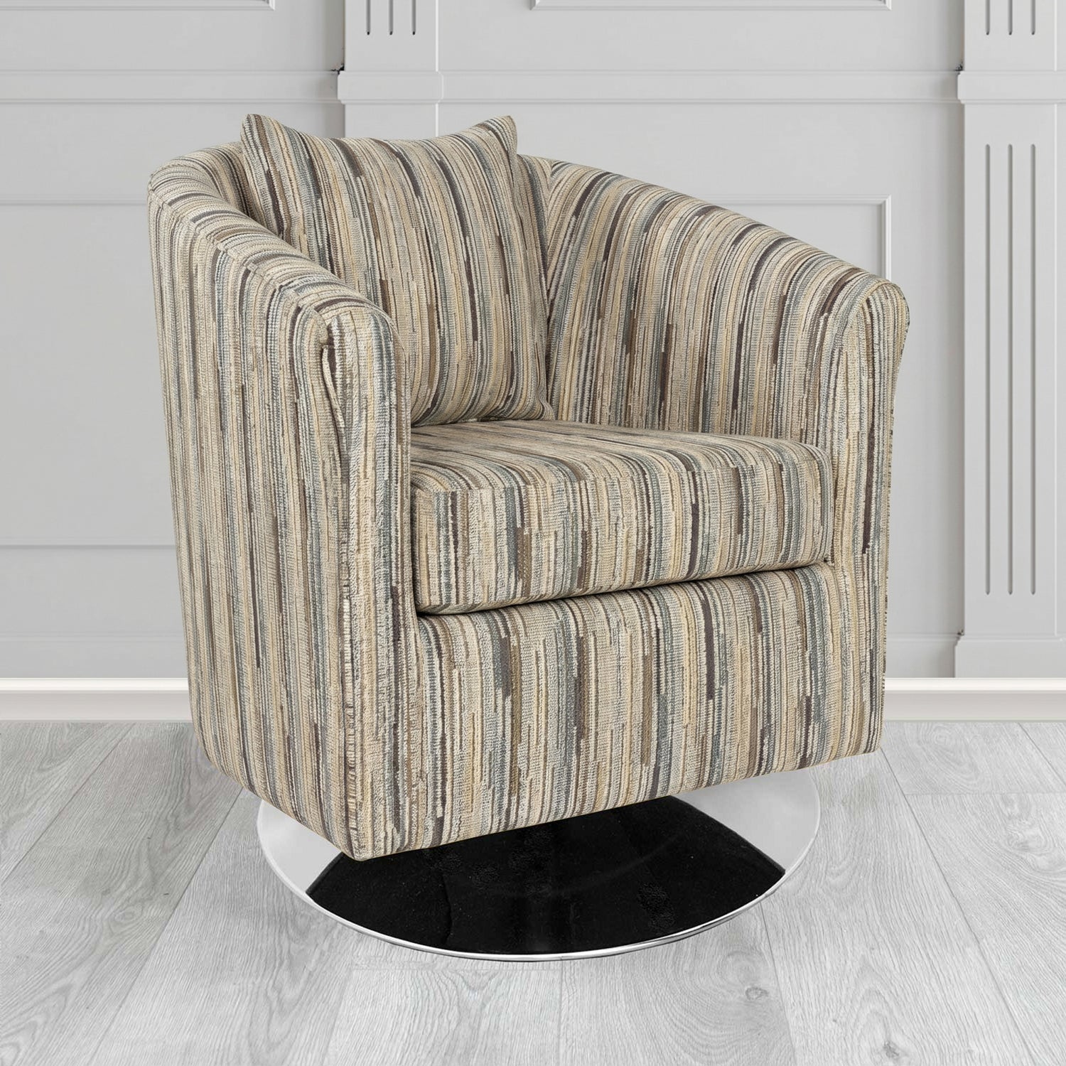 St Tropez Swivel Tub Chair in Cristina Marrone Extravaganza Stripe Fabric with Scatter Cushion
