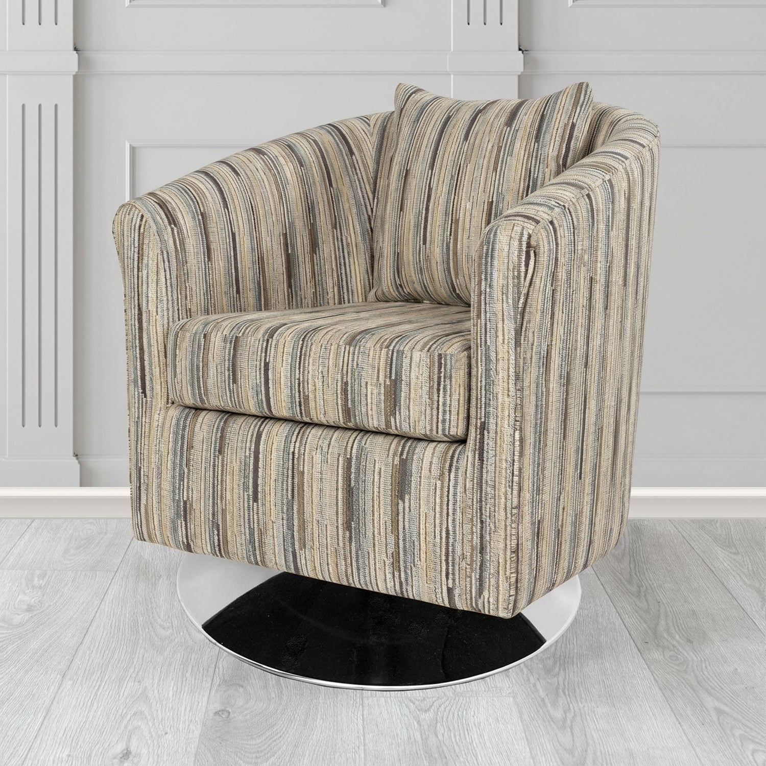 St Tropez Swivel Tub Chair in Cristina Marrone Extravaganza Stripe Fabric with Scatter Cushion
