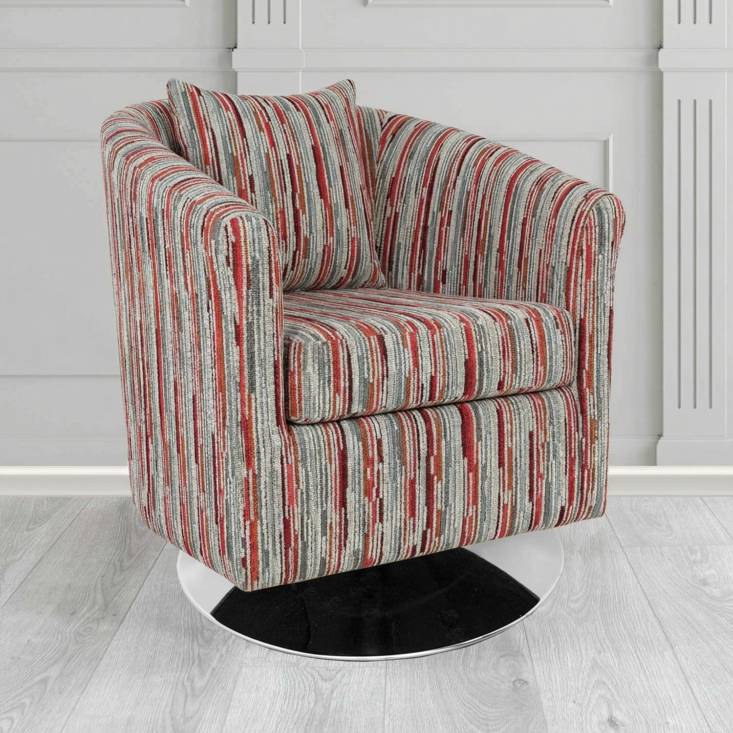 St Tropez Swivel Tub Chair in Cristina Marrone Extravaganza Stripe Fabric with Scatter Cushion