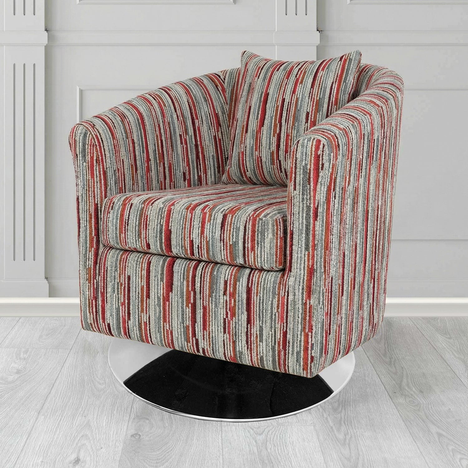 St Tropez Swivel Tub Chair in Cristina Marrone Extravaganza Stripe Fabric with Scatter Cushion