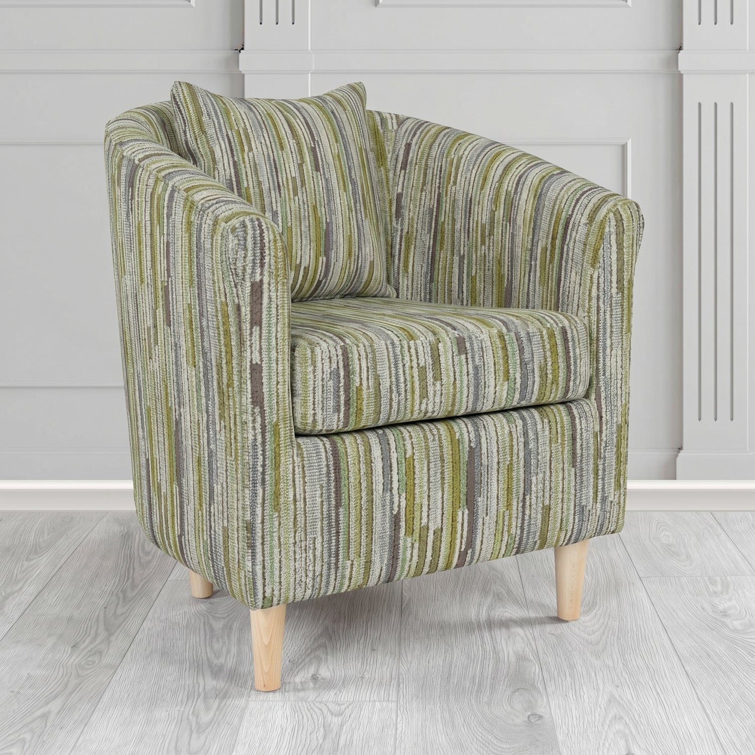 St Tropez Tub Chair in Cristina Marrone Extravaganza Stripe Fabric with Scatter Cushion