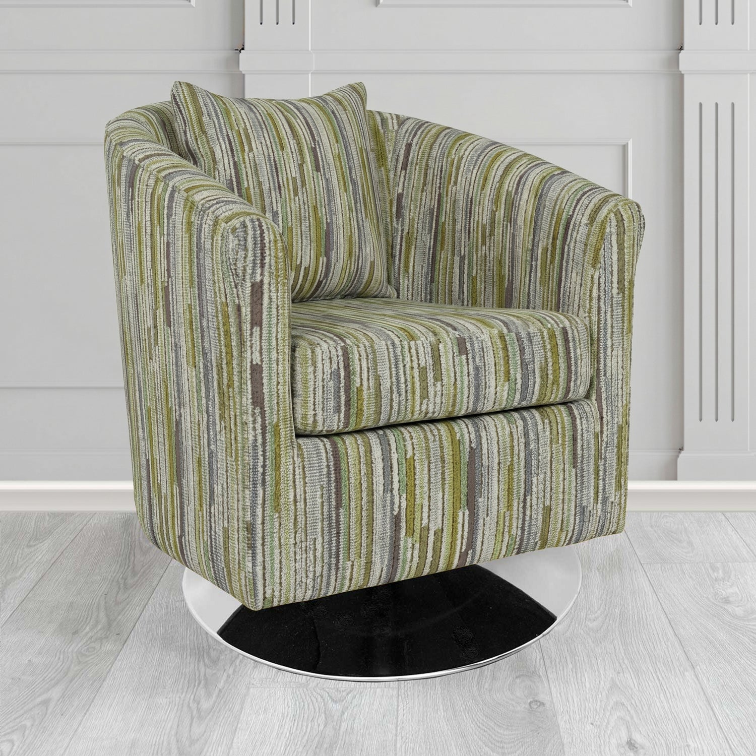 St Tropez Swivel Tub Chair in Cristina Marrone Extravaganza Stripe Fabric with Scatter Cushion