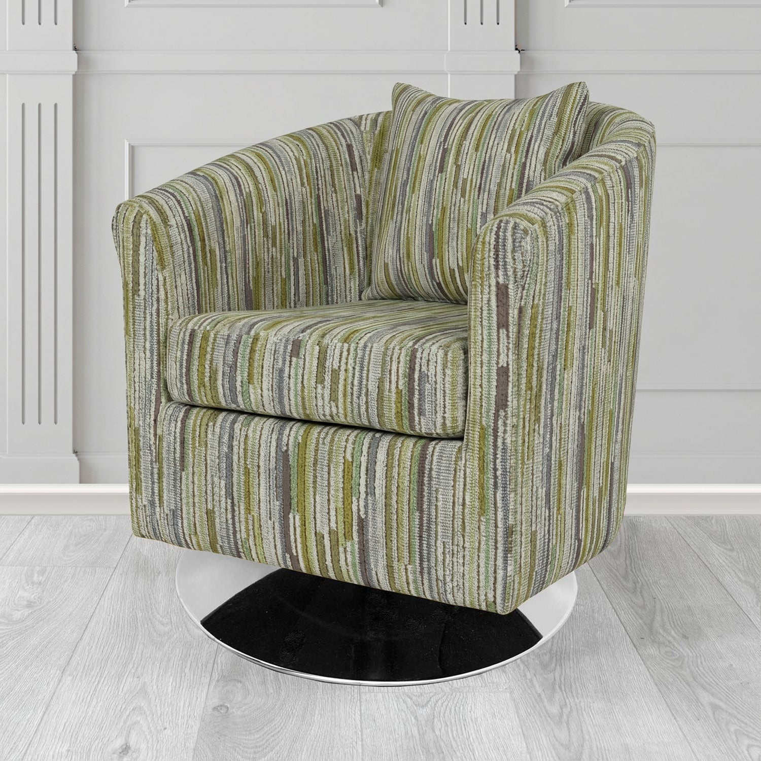 St Tropez Swivel Tub Chair in Cristina Marrone Extravaganza Stripe Fabric with Scatter Cushion