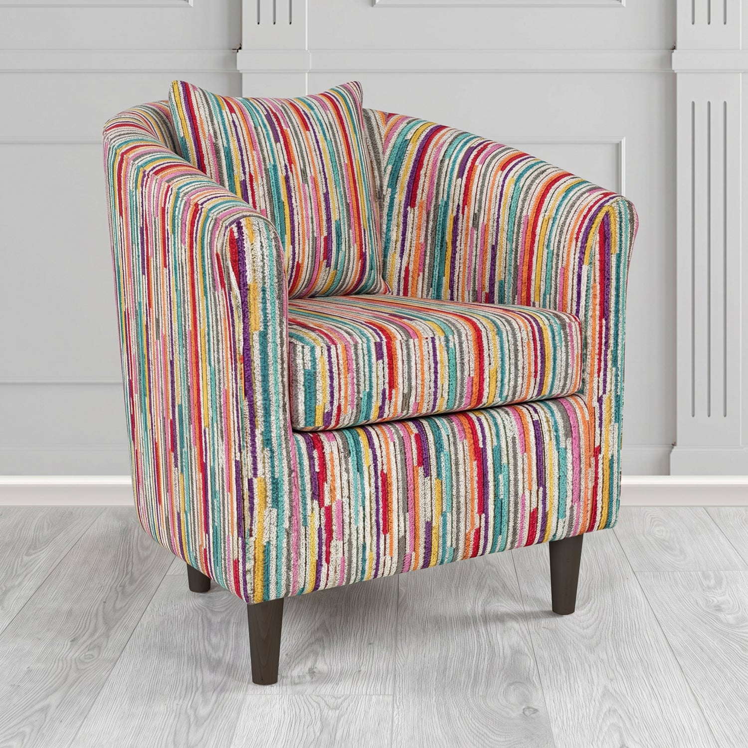 St Tropez Tub Chair in Cristina Marrone Extravaganza Stripe Fabric with Scatter Cushion