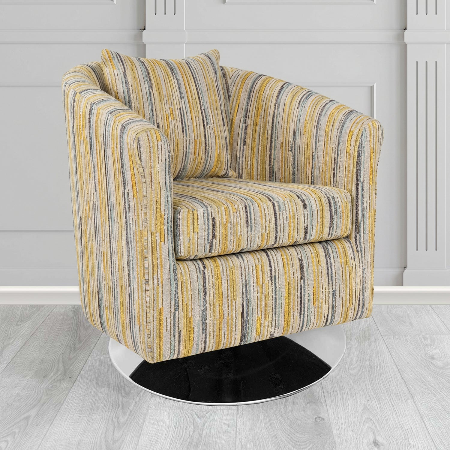 St Tropez Swivel Tub Chair in Cristina Marrone Extravaganza Stripe Fabric with Scatter Cushion